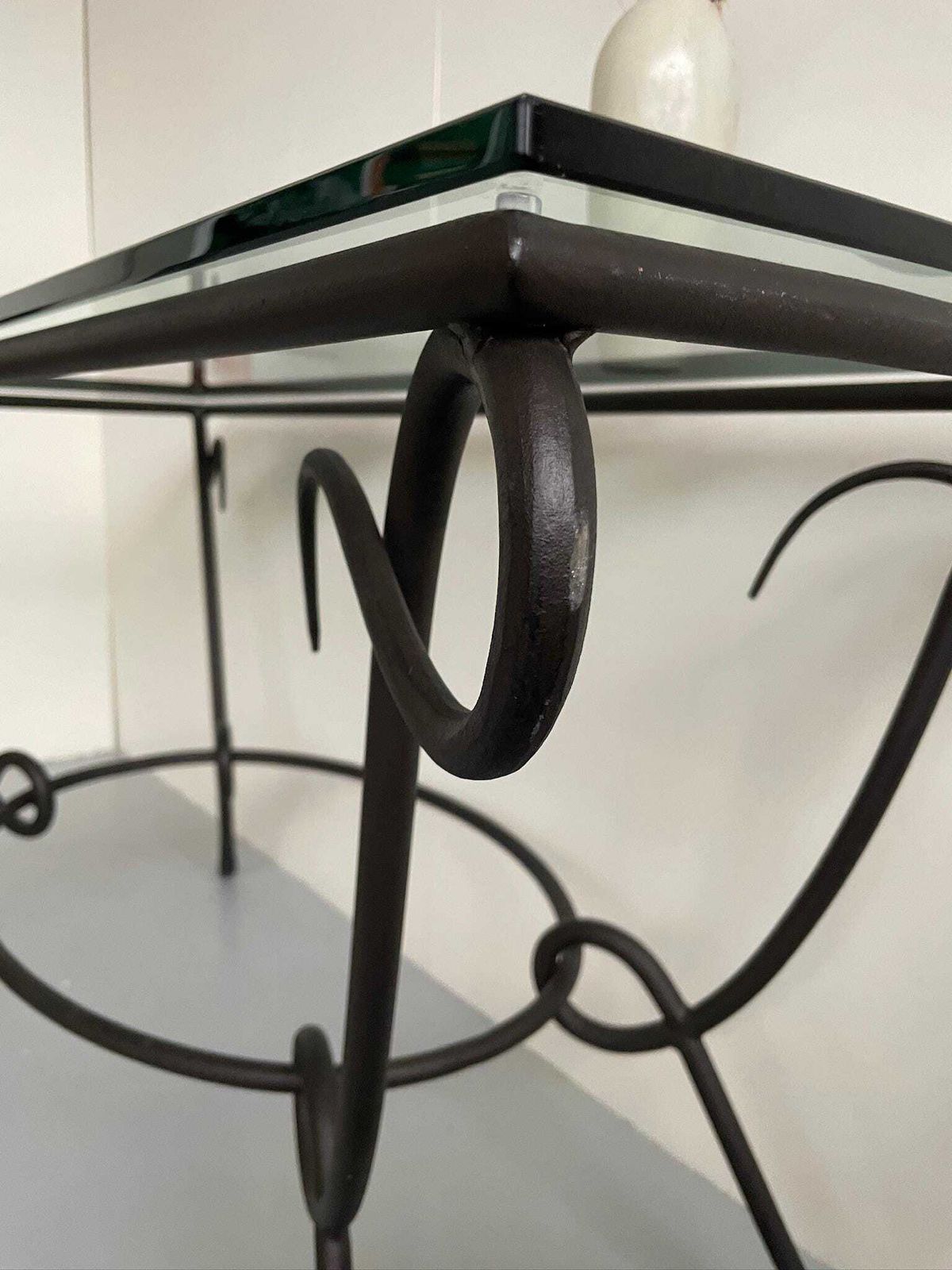 Stunning Large Wrought Iron Curly Console Table With Glass Top Postmodern photo vintage