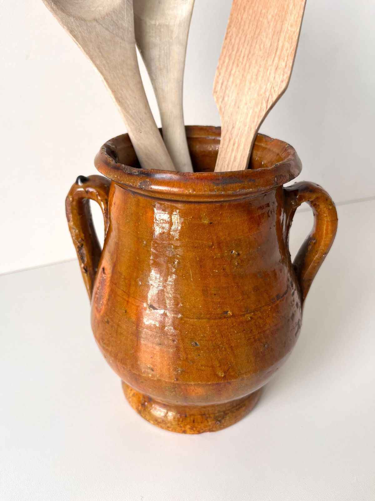 photo vintage Antieke Franse terracotta confituurpot, 19e eeuw, geglazuurde voorraadpot, keukendecoratie