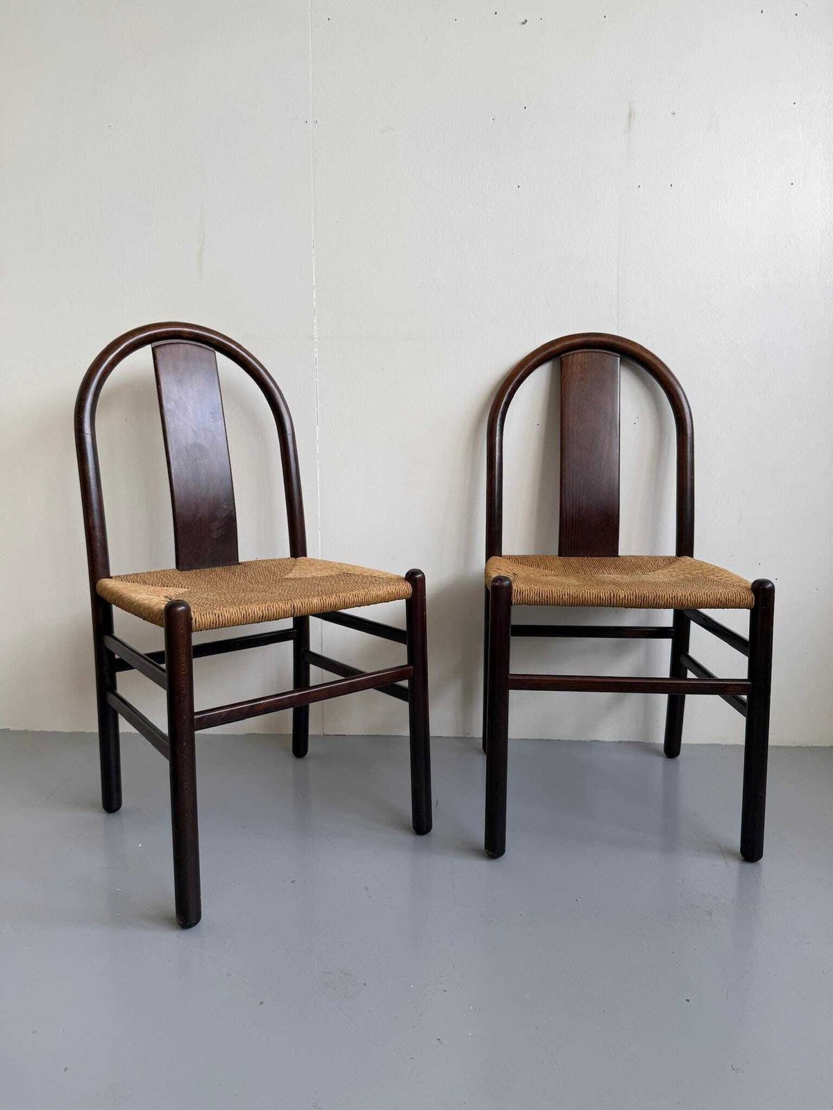 Pair Of Dark Brown Dining Chairs Rope Seat By Annig Sarian For Montina