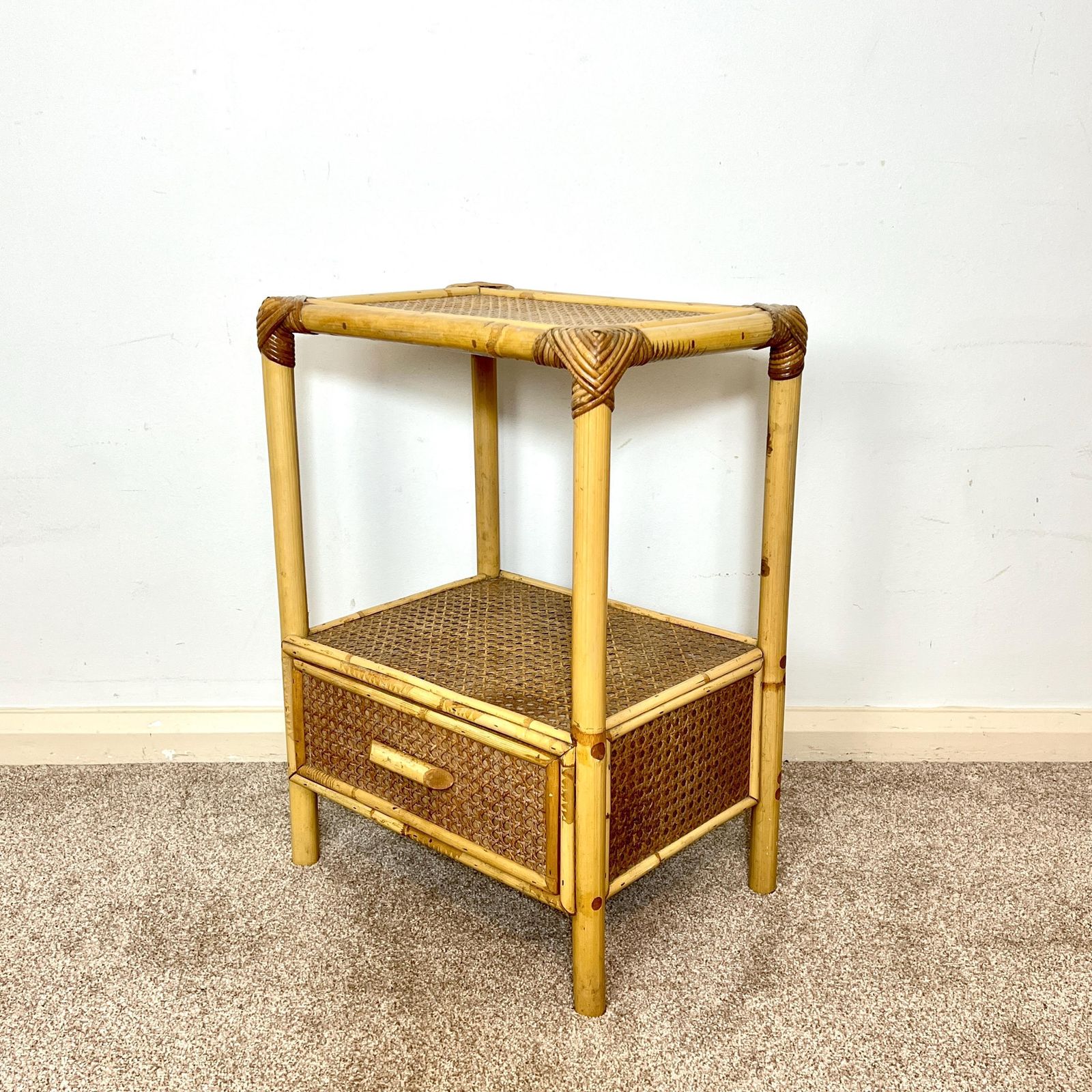 Rattan Bamboo Cane Bedside Table With Drawer, Boho Retro Tiki photo Furniture