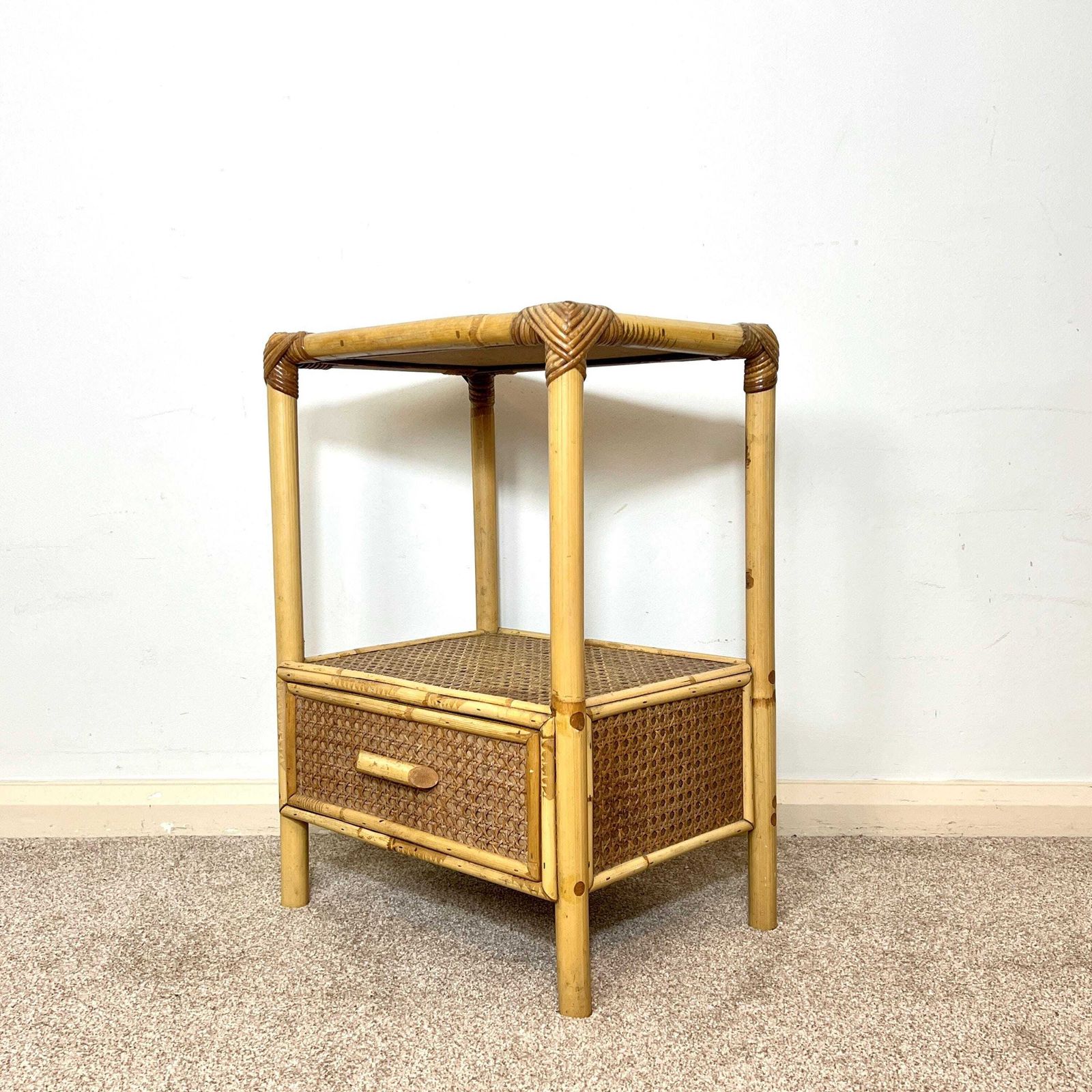 Rattan Bamboo Cane Bedside Table With Drawer, Boho Retro Tiki photo 99.0