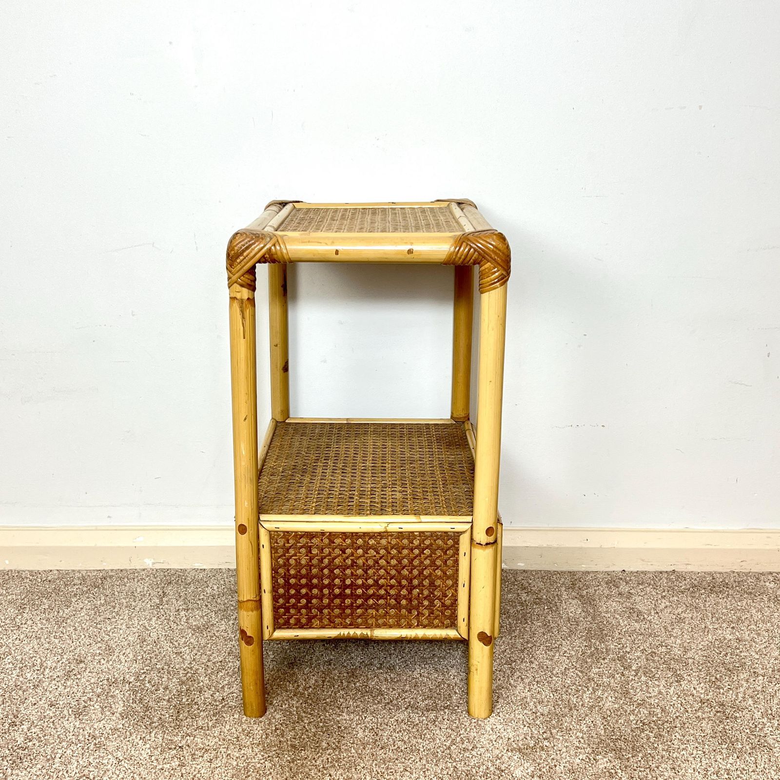 Rattan Bamboo Cane Bedside Table With Drawer, Boho Retro Tiki photo vintage