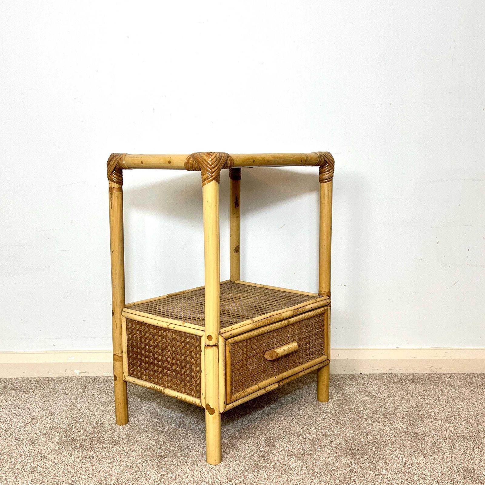 photo furniture Rattan Bamboo Cane Bedside Table With Drawer, Boho Retro Tiki