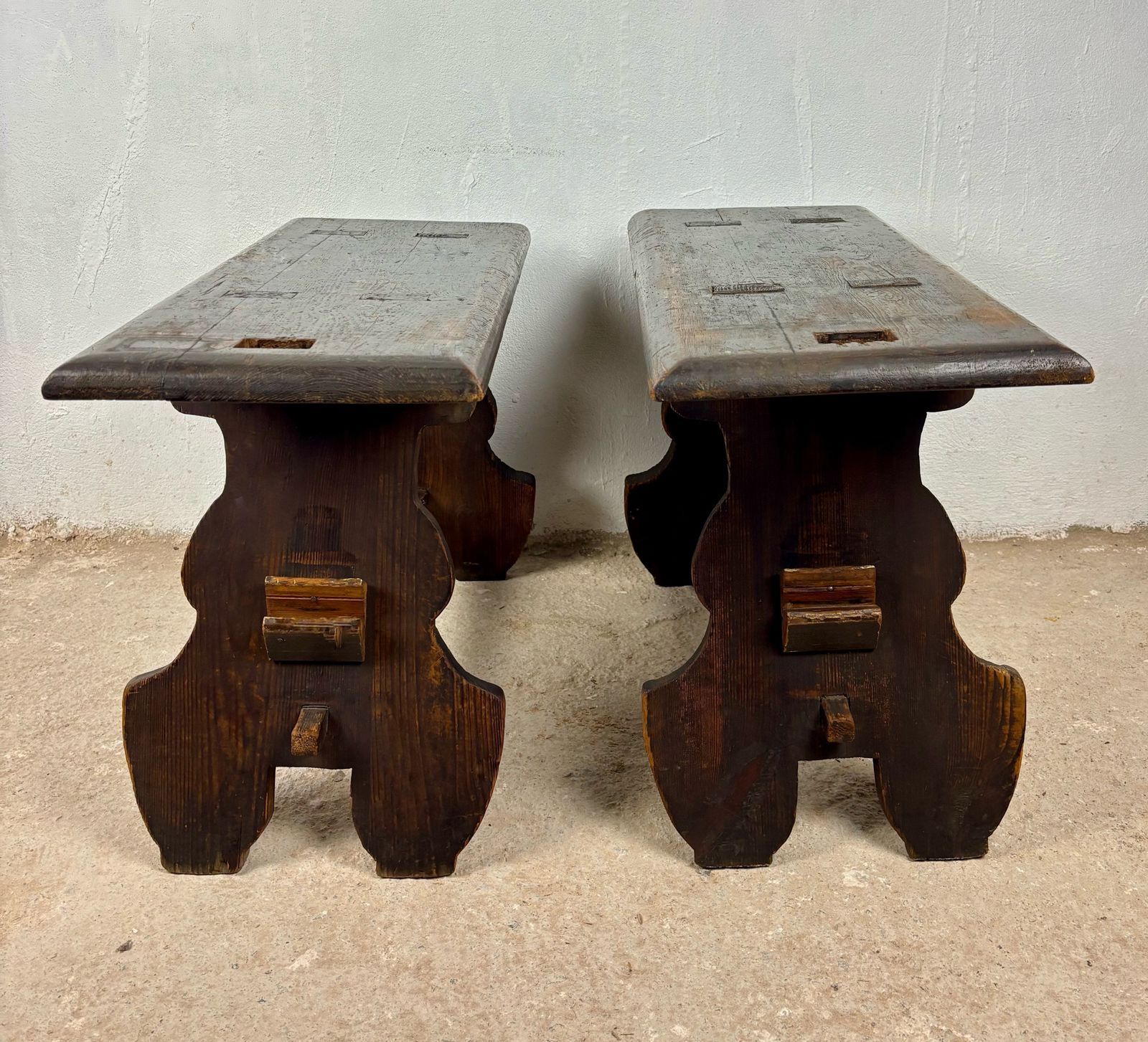 photo for sale Pair Of Rustic Spanish Wooden Stools, 1900s