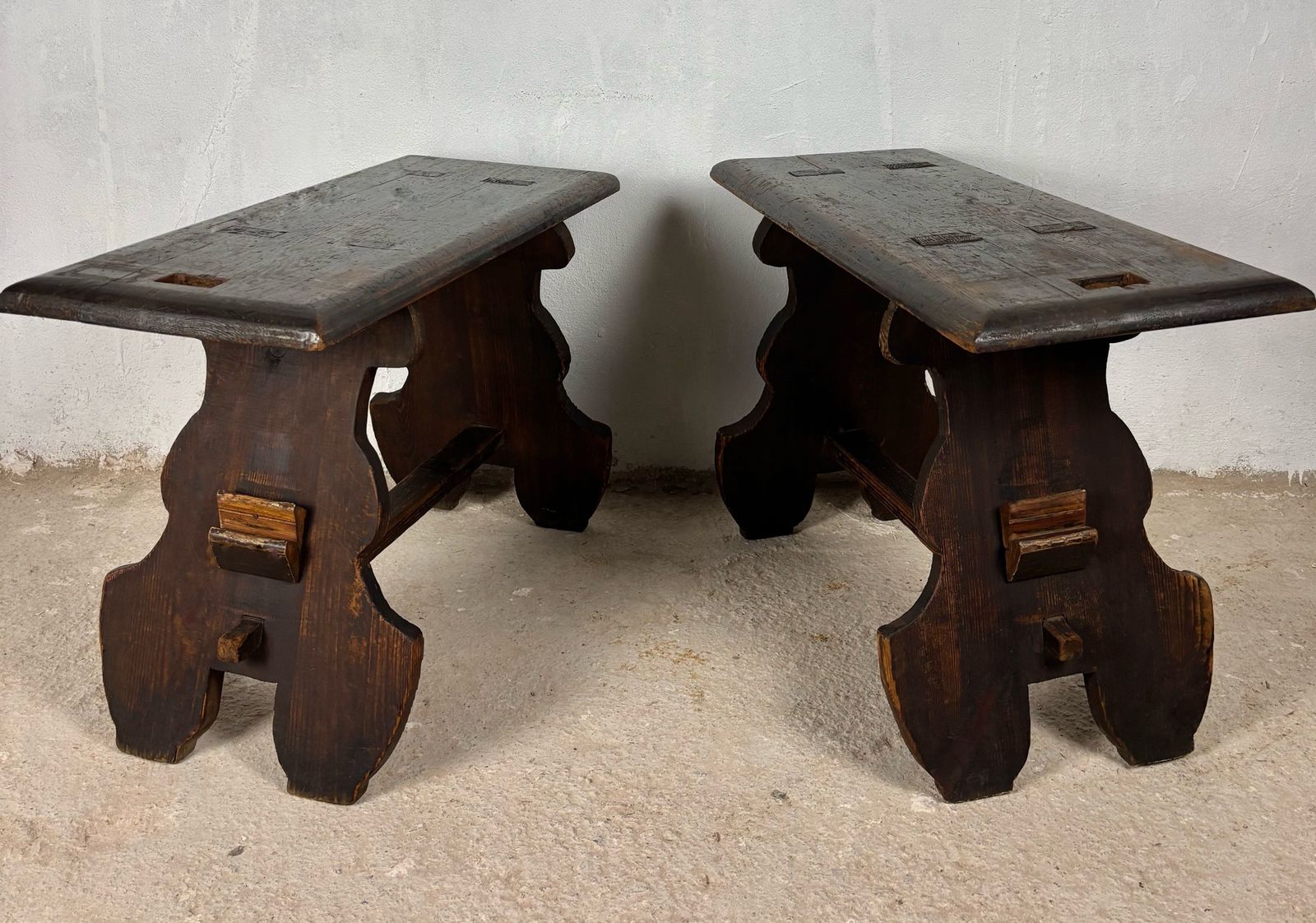 Furniture Pair Of Rustic Spanish Wooden Stools, 1900s photo