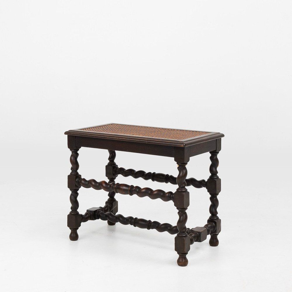 French Wooden Stool With Rattan Top, 1880s