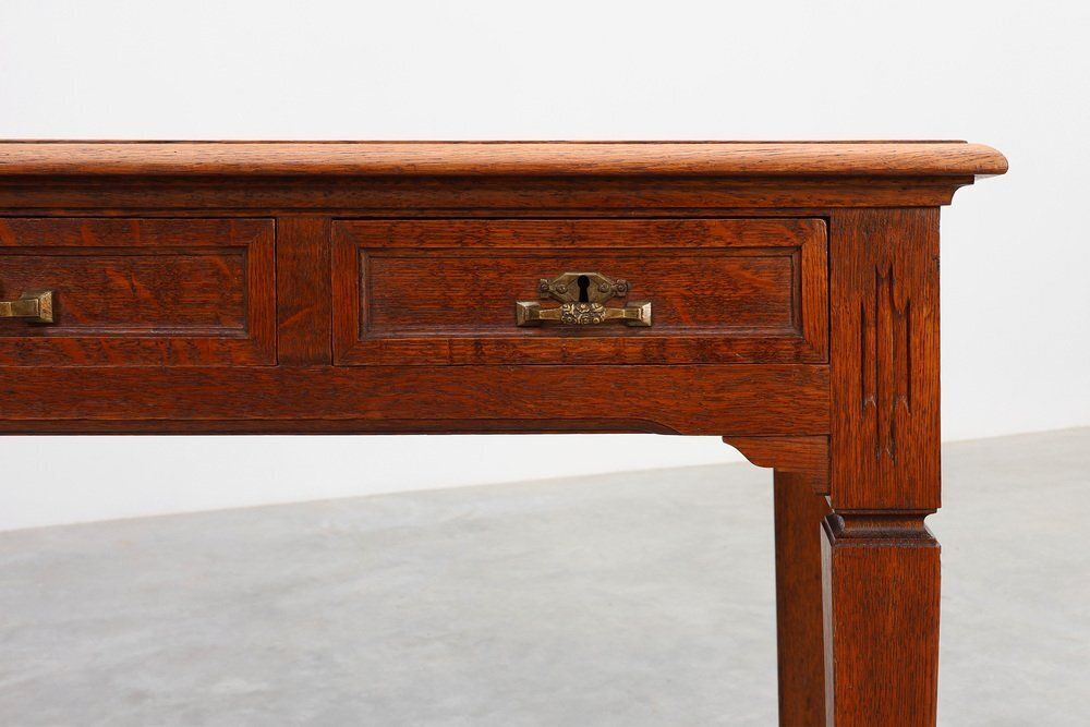 Art Deco Carved Oak Table With Copper Details, Belgium, 1920s photo for sale
