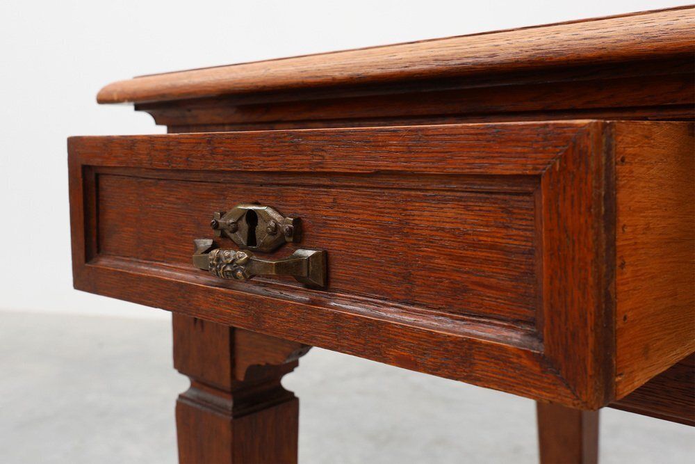 Art Deco Carved Oak Table With Copper Details, Belgium, 1920s photo Furniture