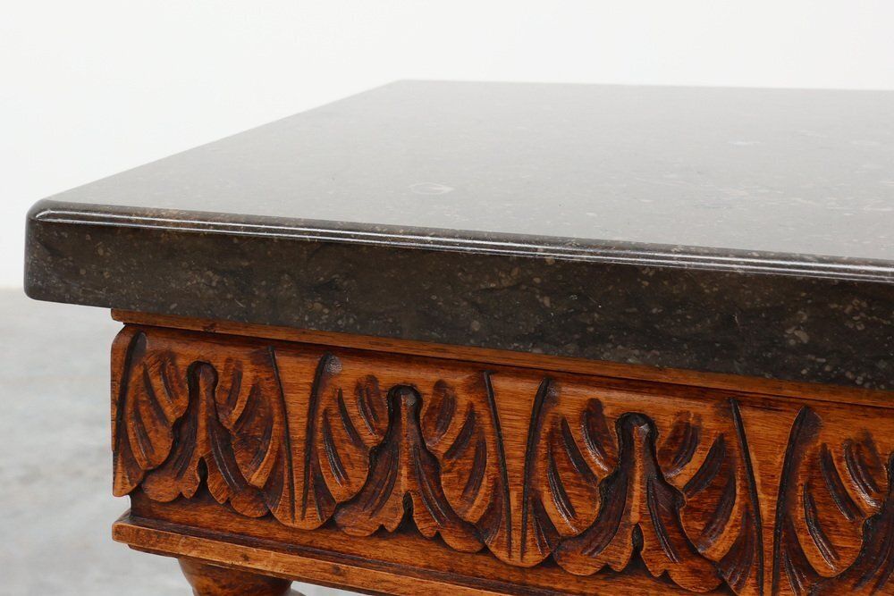 Napoleon III Style Carved Walnut Side Table With Ardune Top, France, 1900s photo vintage