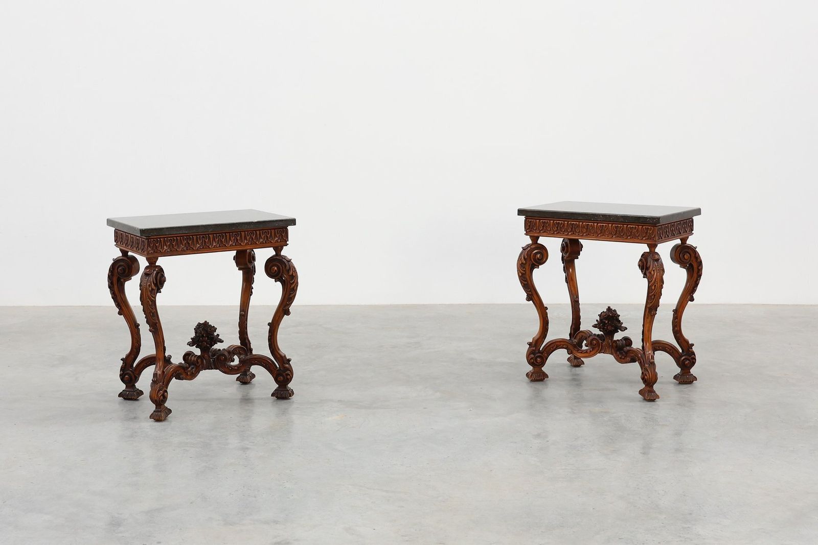 Napoleon III Style Carved Walnut Side Tables With Bluestone Tops, 1890s, Set Of 2