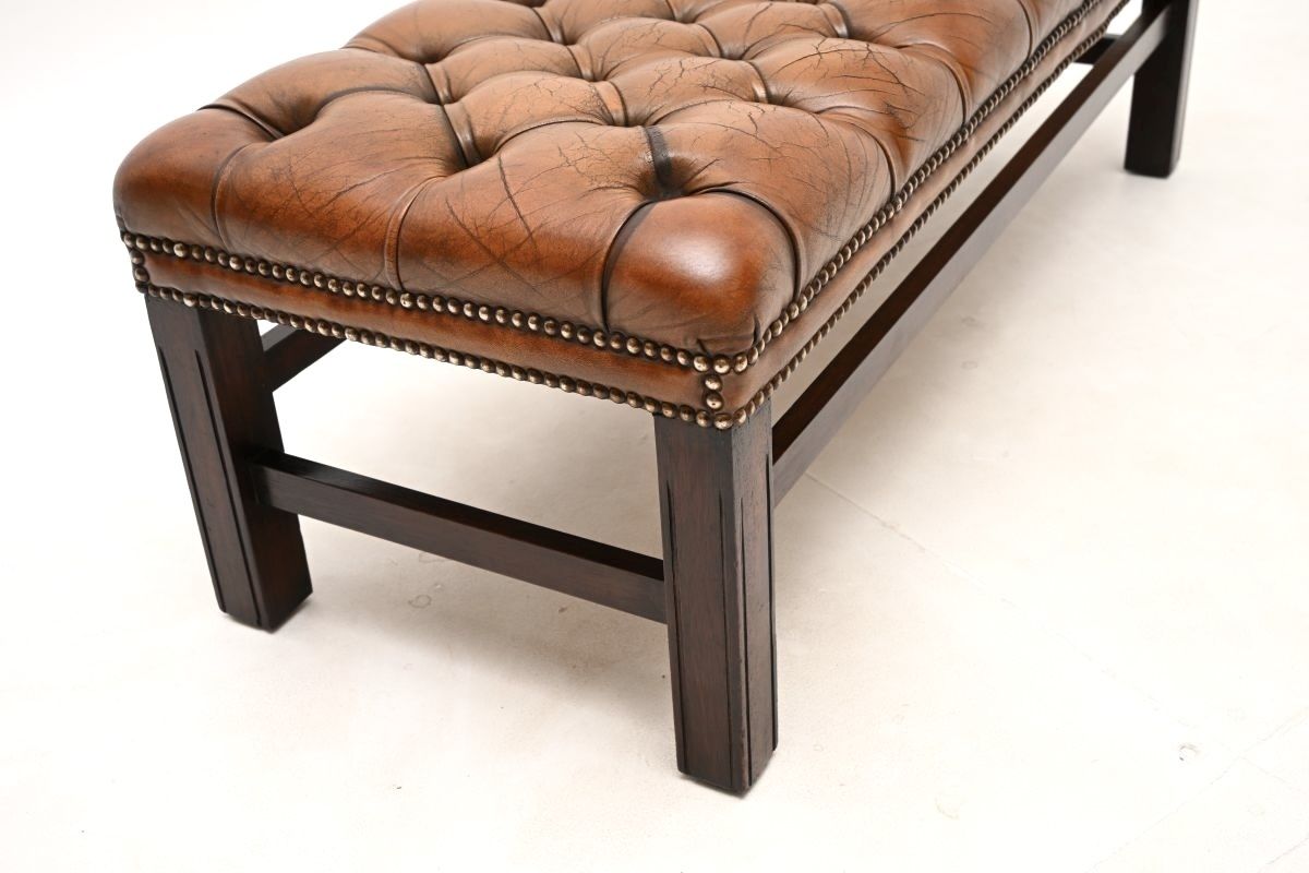 Antique Leather And Mahogany Stool / Bench photo vintage