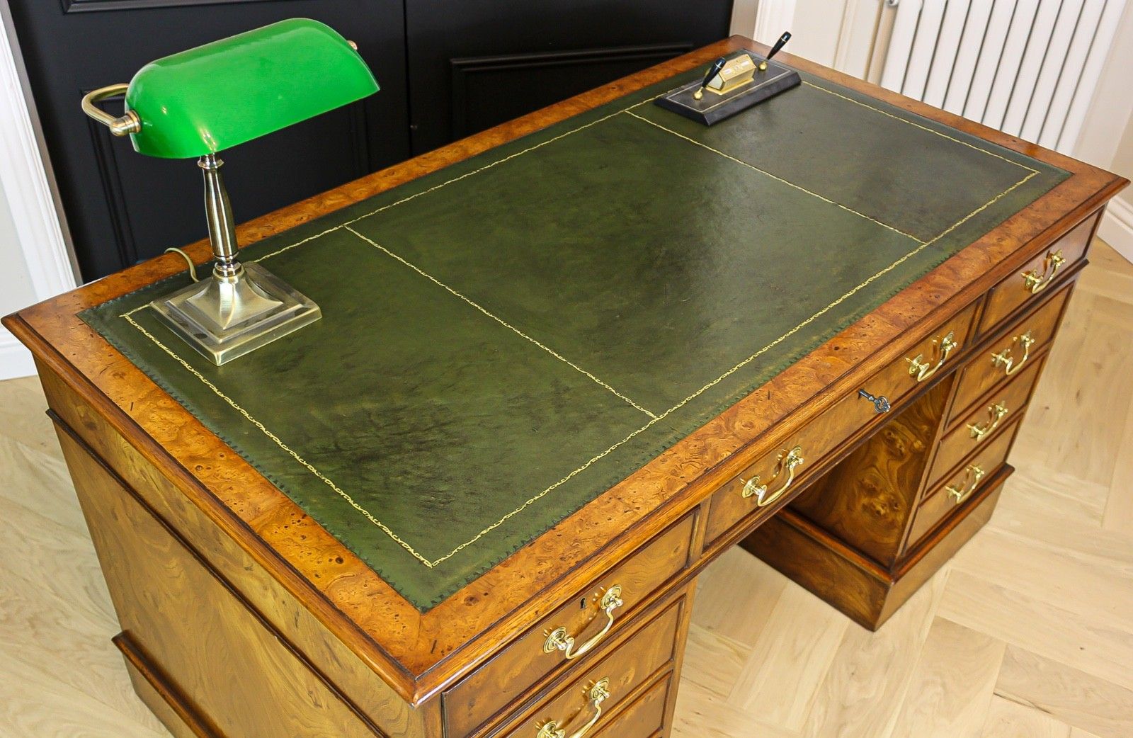 Antique Burr Walnut Pedestal Partners Leather Top Desk, Captains Chair & Cabinet photo for sale