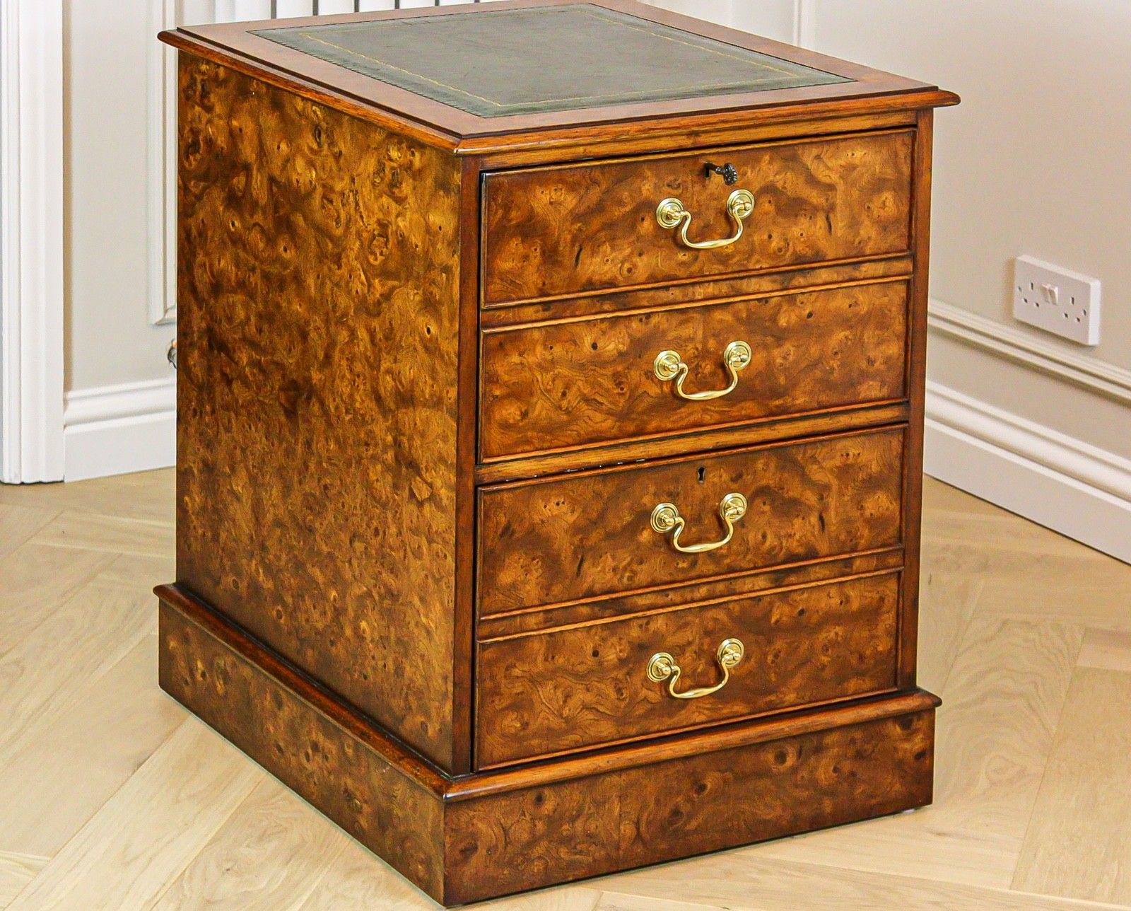 Antique Burr Walnut Pedestal Partners Leather Top Desk, Captains Chair & Cabinet photo buy