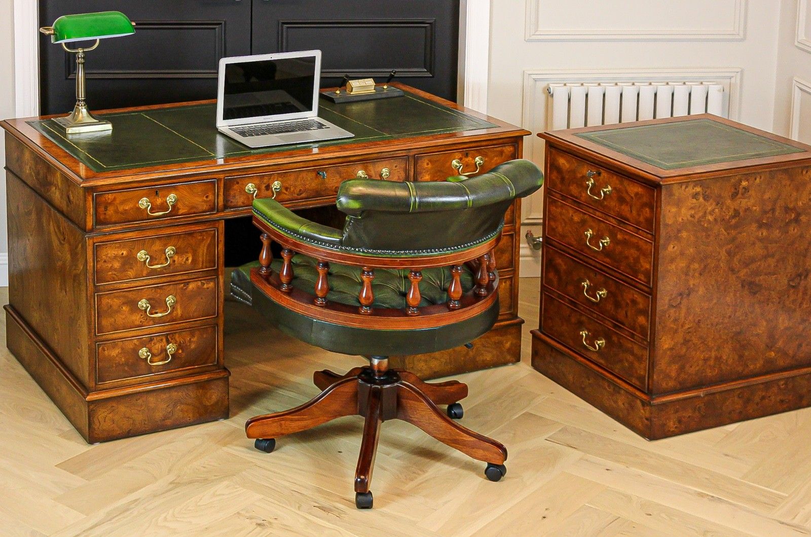 Antique Burr Walnut Pedestal Partners Leather Top Desk, Captains Chair & Cabinet photo vintage