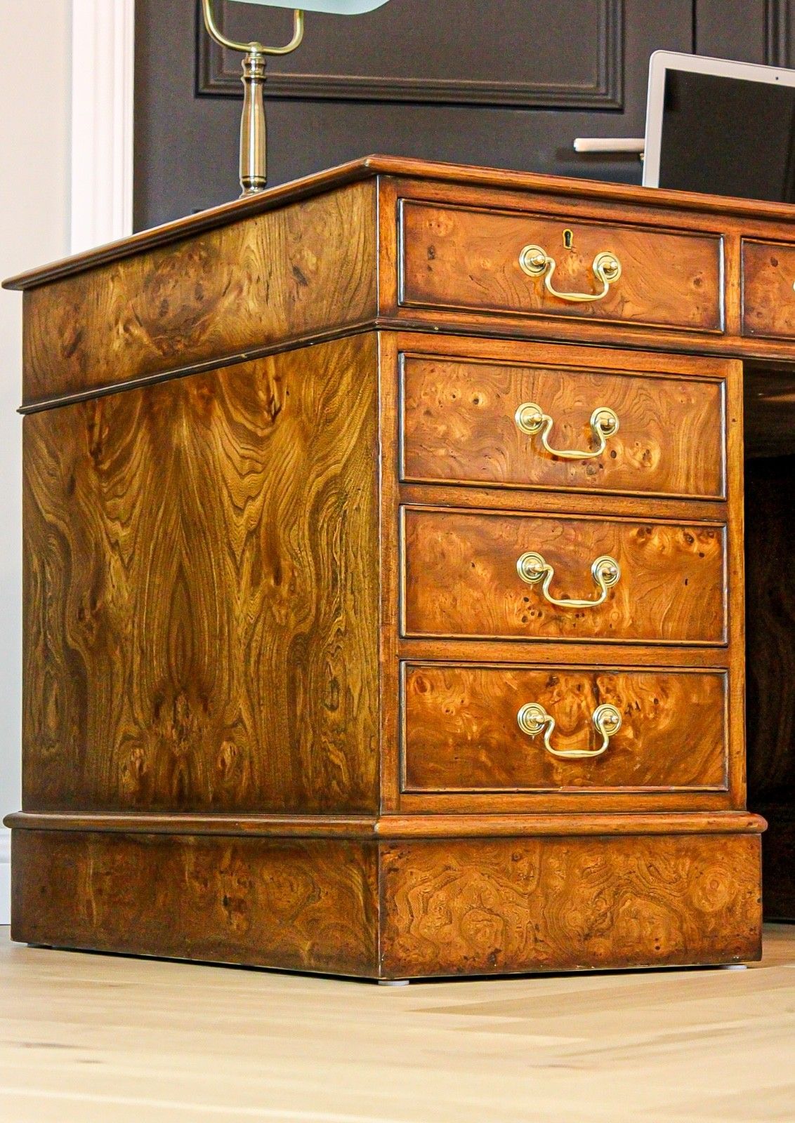1900.0 Antique Burr Walnut Pedestal Partners Leather Top Desk, Captains Chair & Cabinet photo