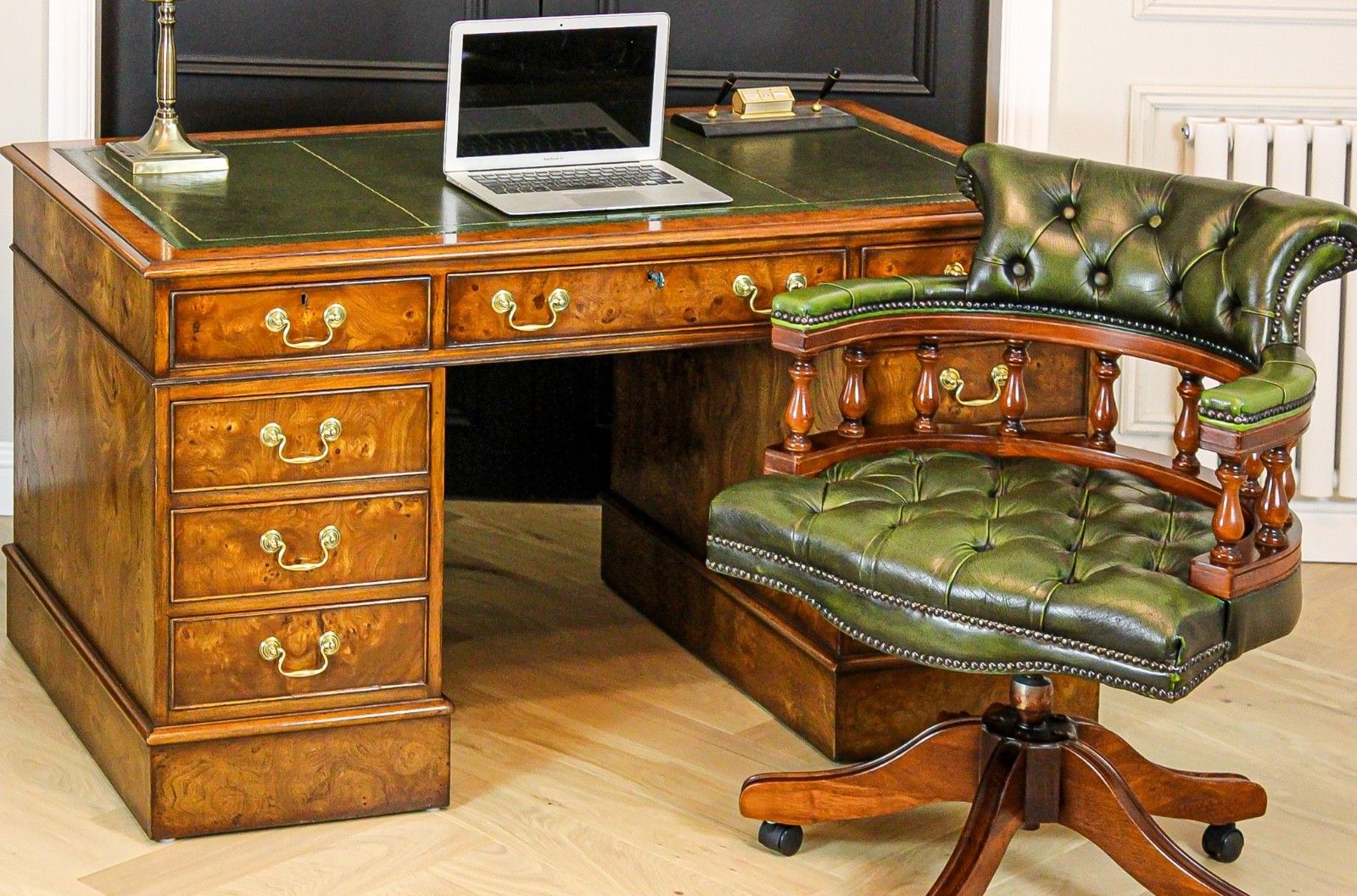 photo vinterior Antique Burr Walnut Pedestal Partners Leather Top Desk, Captains Chair & Cabinet
