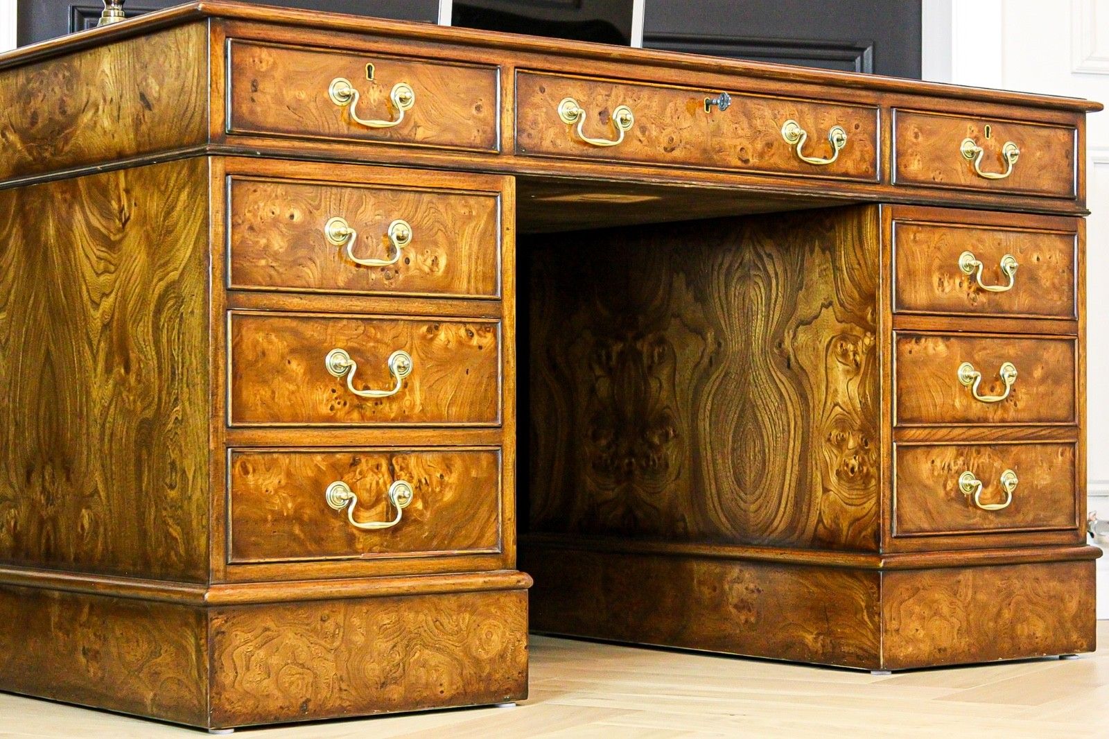 photo buy Antique Burr Walnut Pedestal Partners Leather Top Desk, Captains Chair & Cabinet