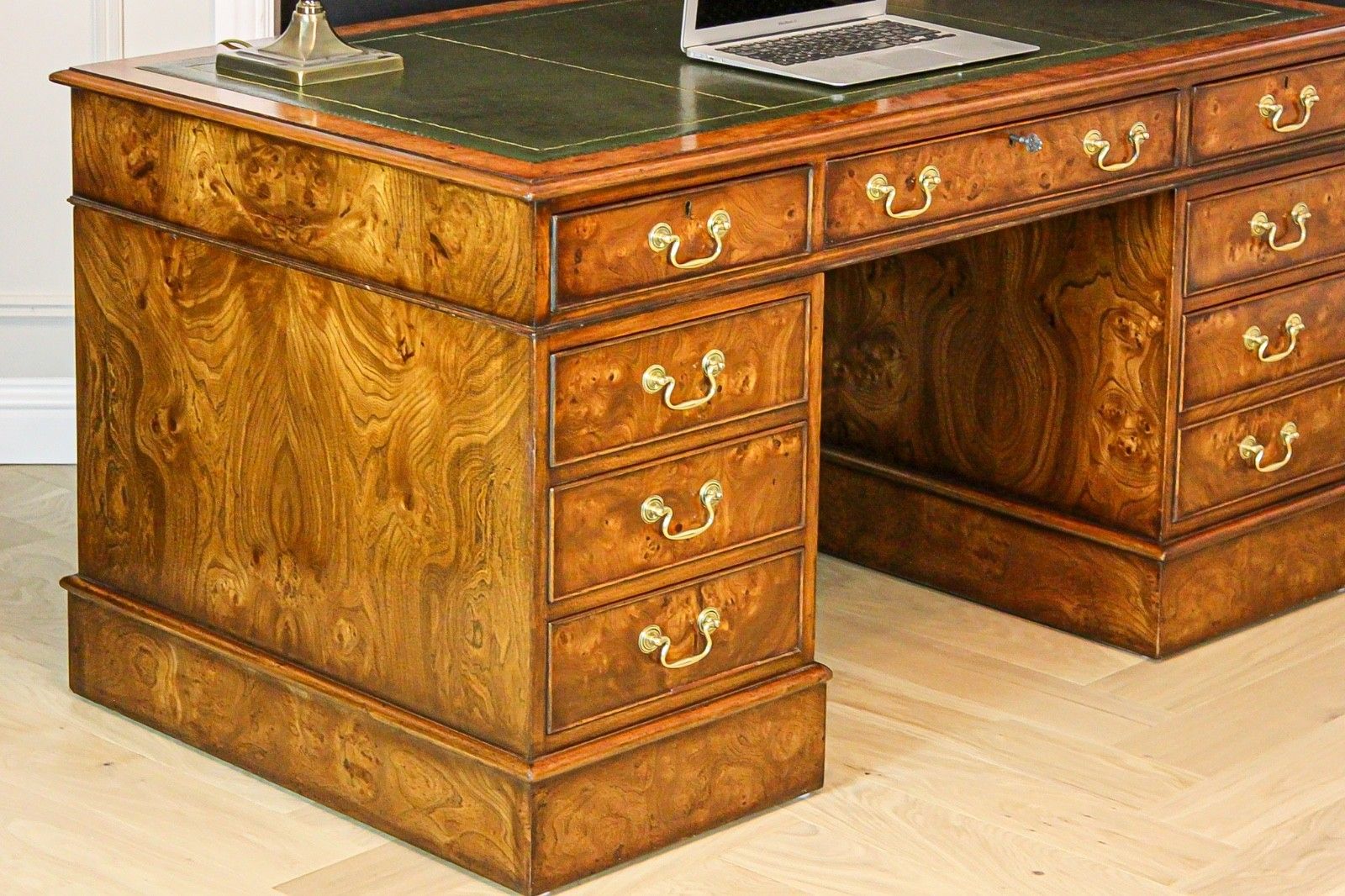 photo vintage Antique Burr Walnut Pedestal Partners Leather Top Desk, Captains Chair & Cabinet
