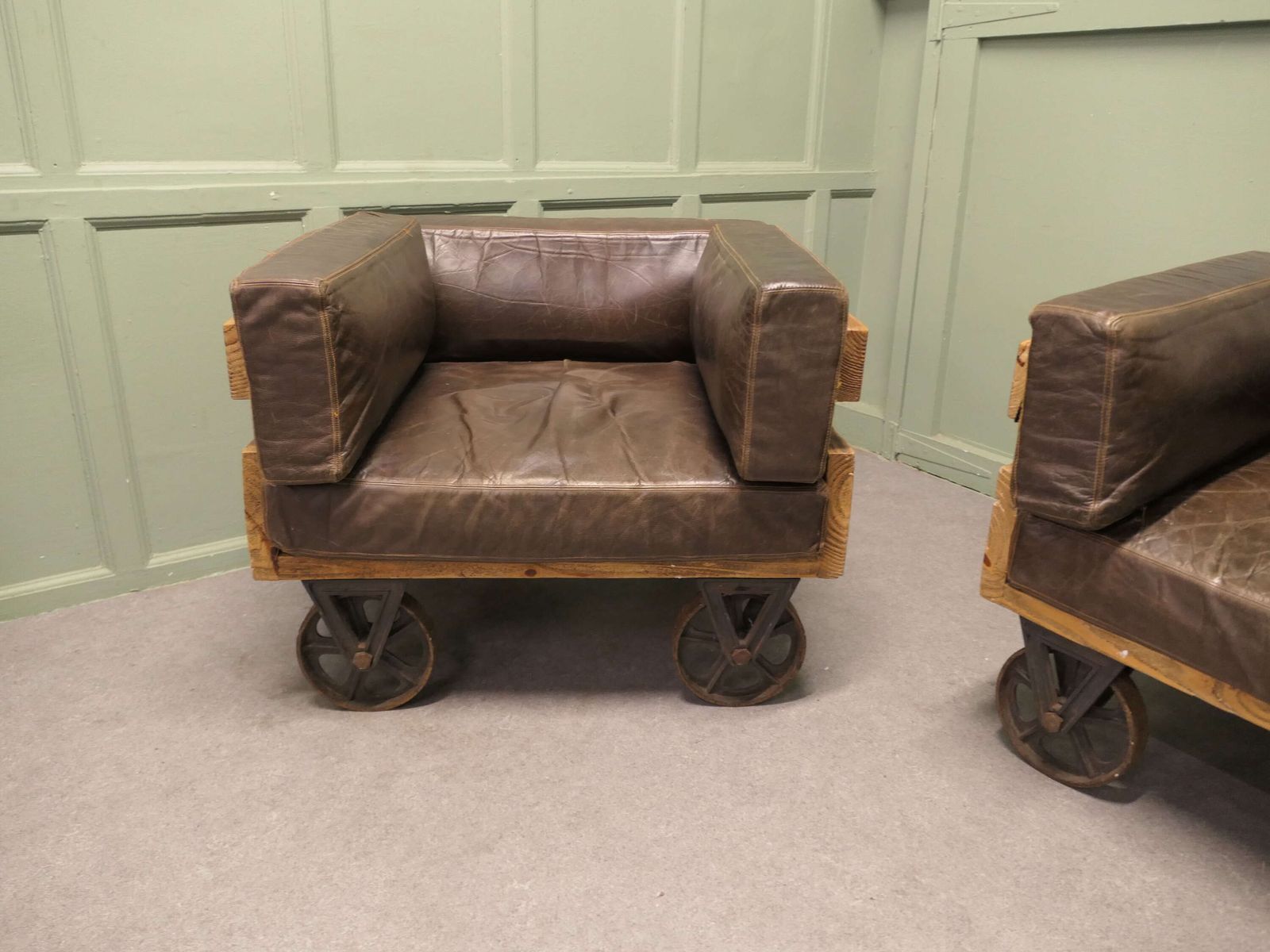 A Pair Of Wood Framed Industrial Designer Club Chairs The Chairs Have Solid Wooden Frames photo for sale