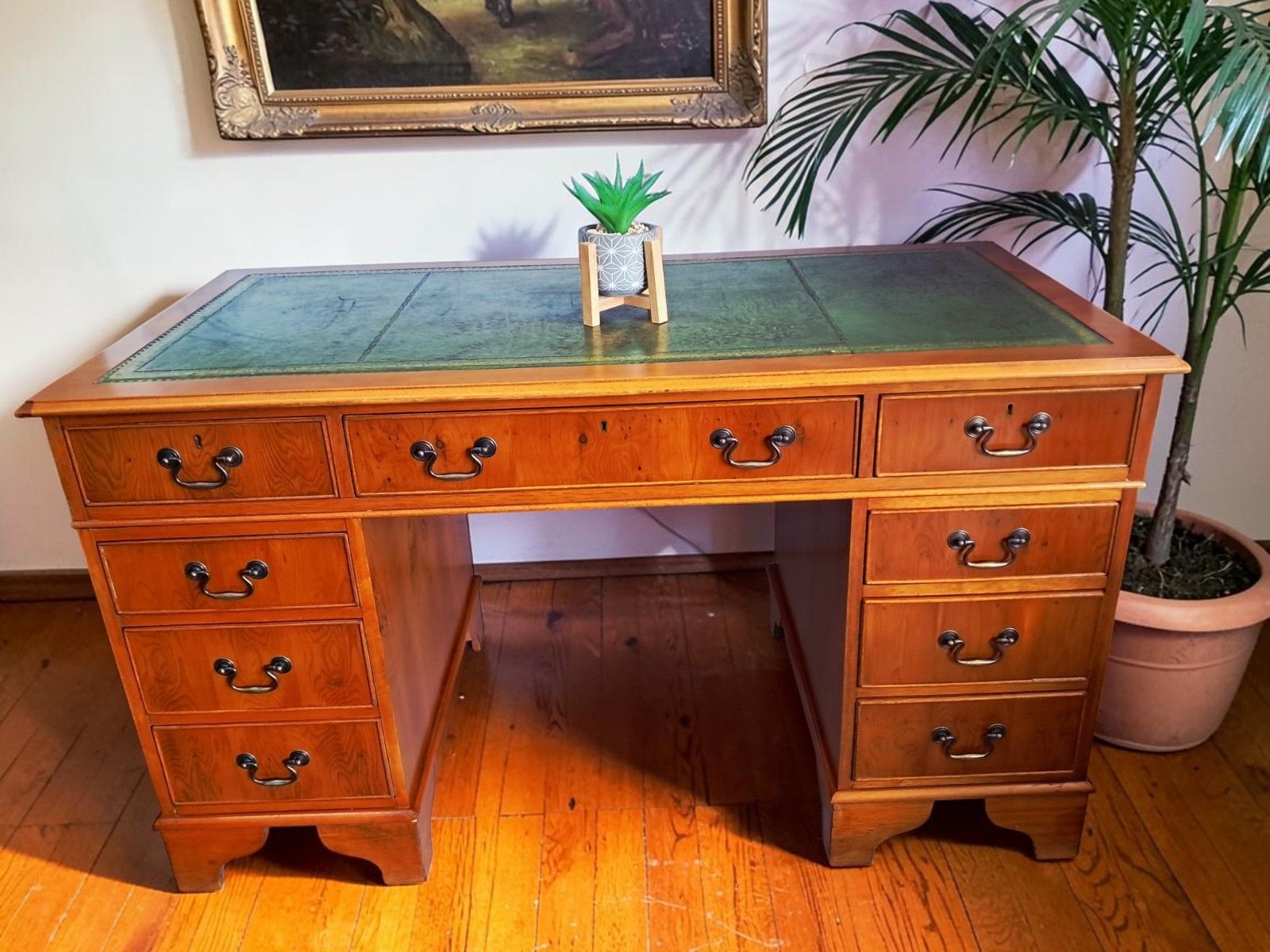 Antique Vintage Twin Pedestal Desk Wooden Yew Wood Leather Top 1980 Large