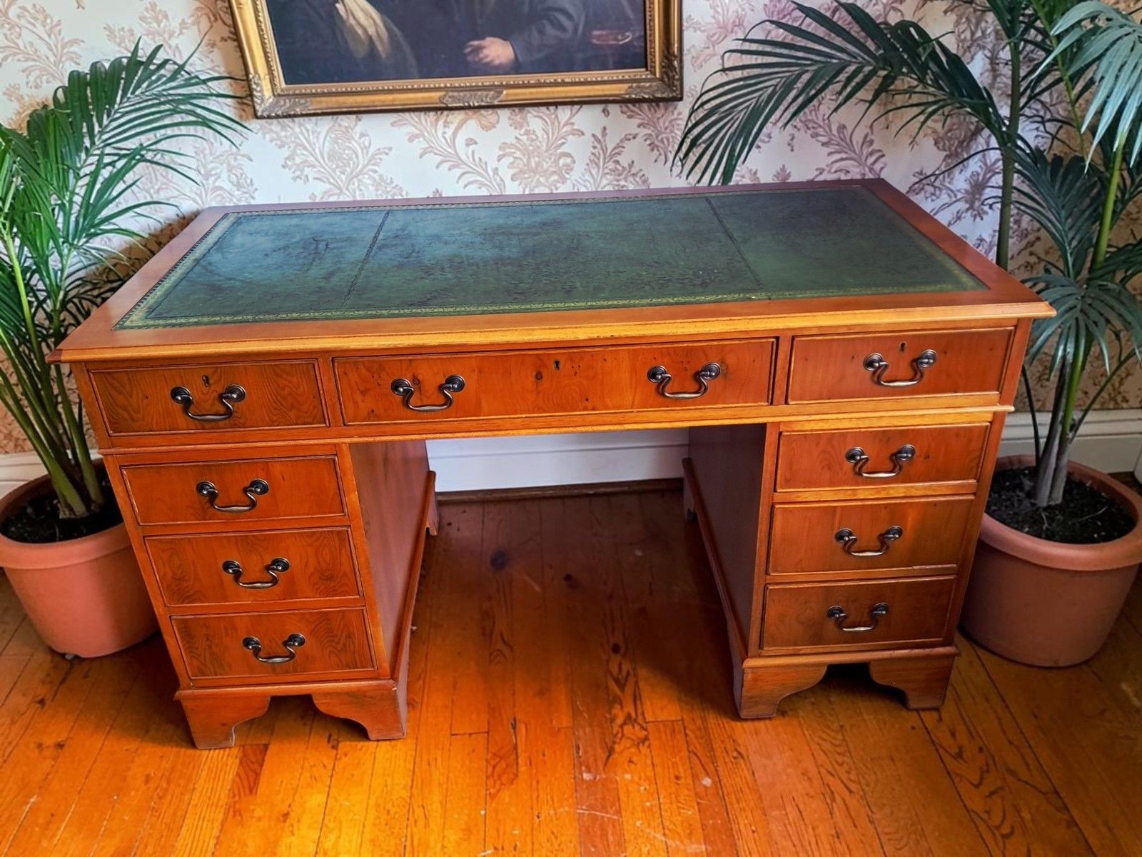 photo for sale Antique Vintage Twin Pedestal Desk Wooden Yew Wood Leather Top 1980 Large