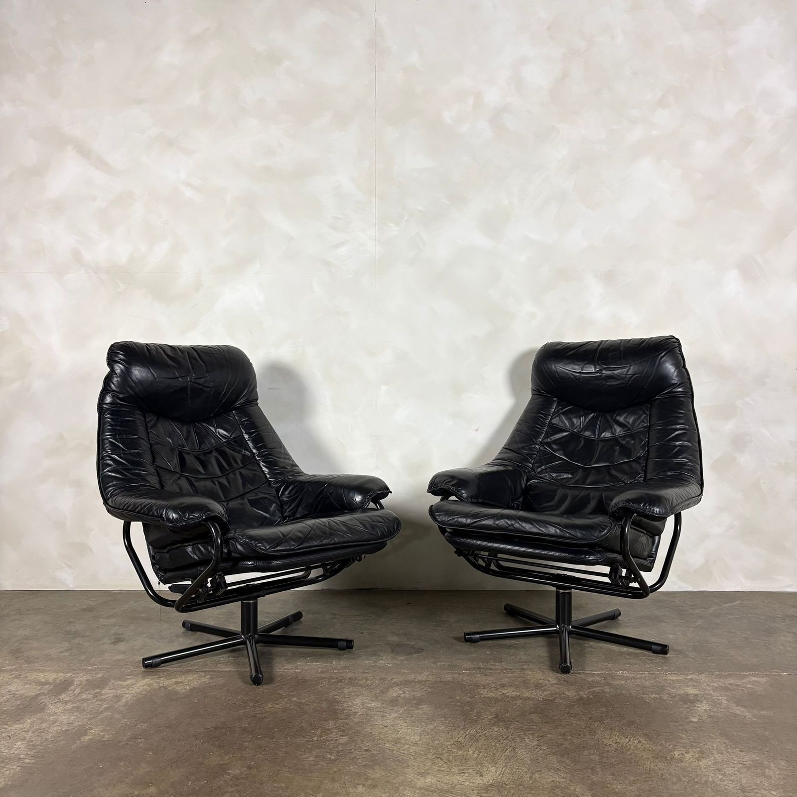 Black Leather Skoghaug Reclining Swivel Lounge Chair With Matching Footstool Mid Century Retro Mcm photo for sale
