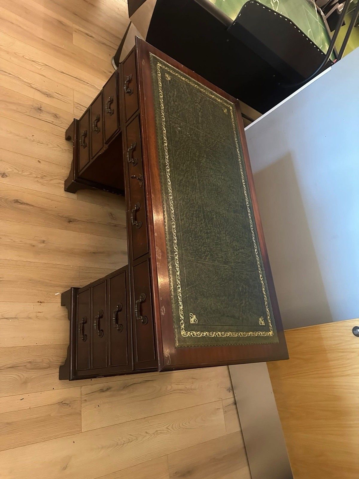 Antique Style Captains Bankers Desk Green Leather Twin Pedestal Partners #79 photo buy
