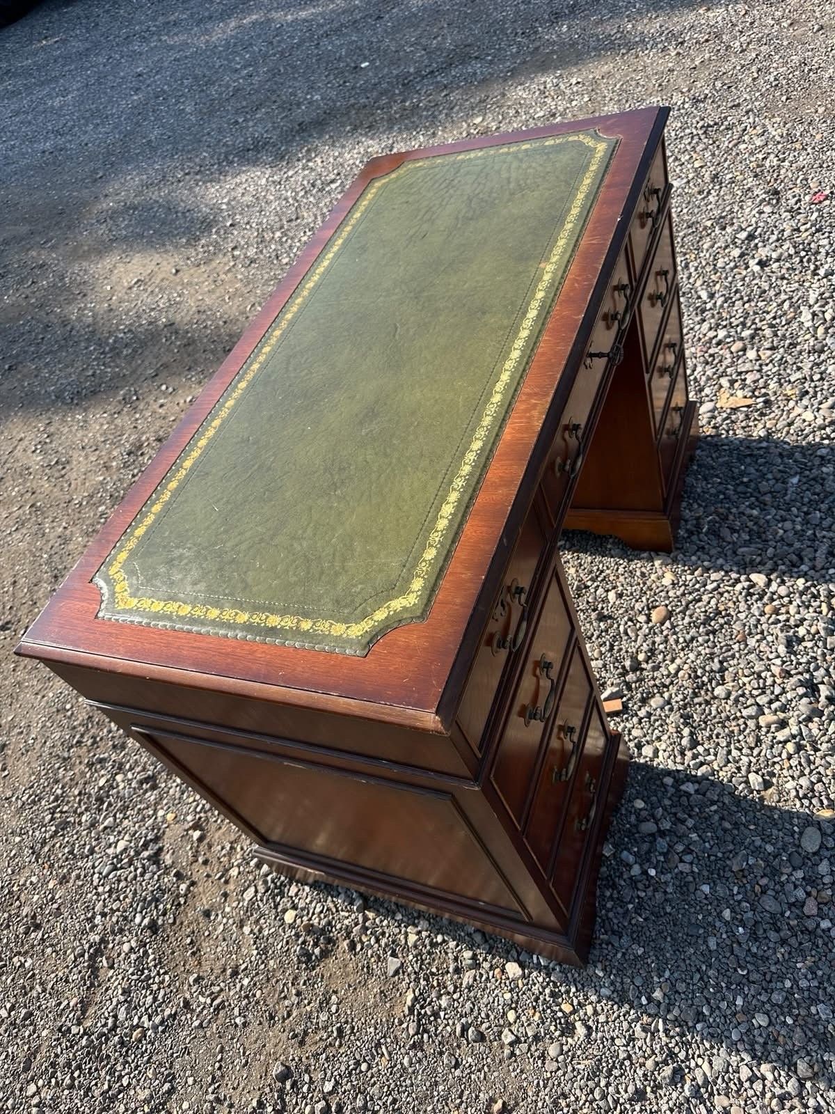 Antique Style Captains Bankers Desk Green Leather Twin Pedestal Partners #81 photo 236.0