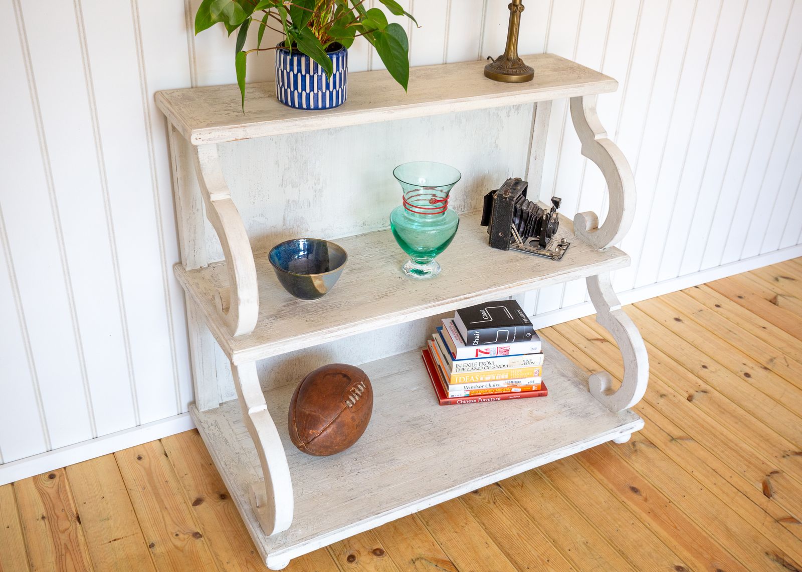 French Waterfall Shelving Unit Bookcase Display Media Stand 20c Regency Console White Distressed Painted Floor Standing photo Furniture