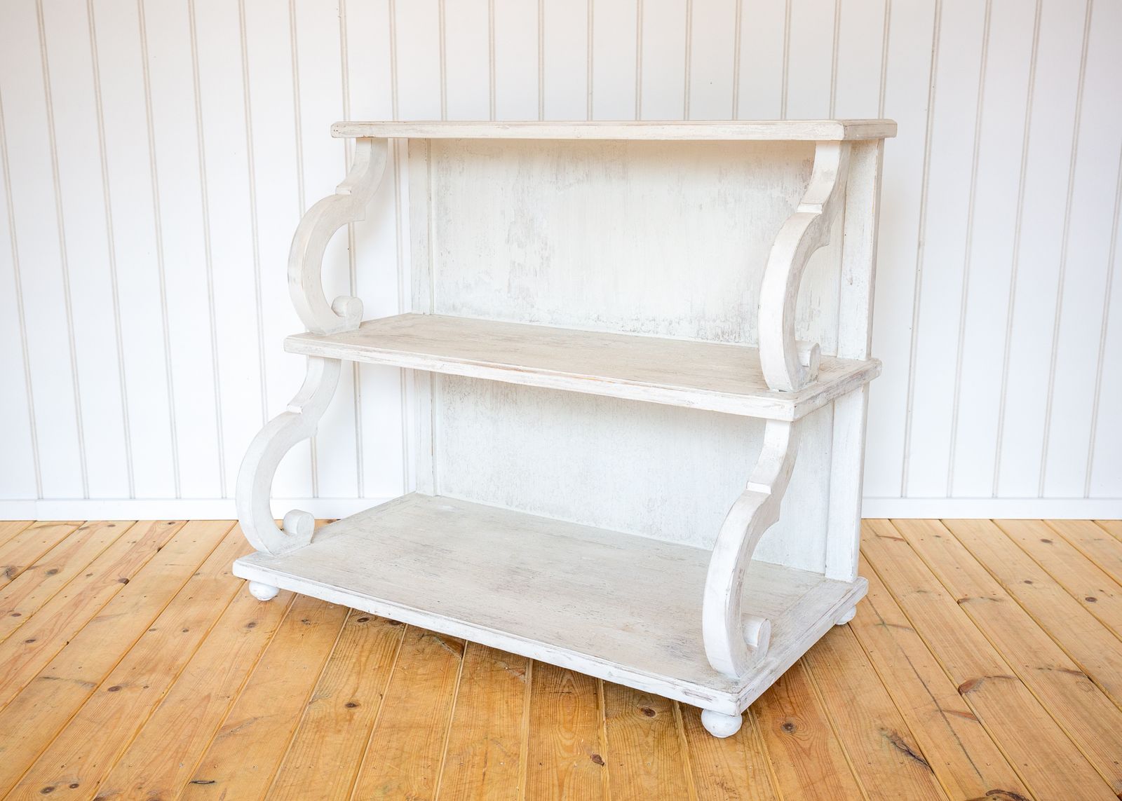 French Waterfall Shelving Unit Bookcase Display Media Stand 20c Regency Console White Distressed Painted Floor Standing