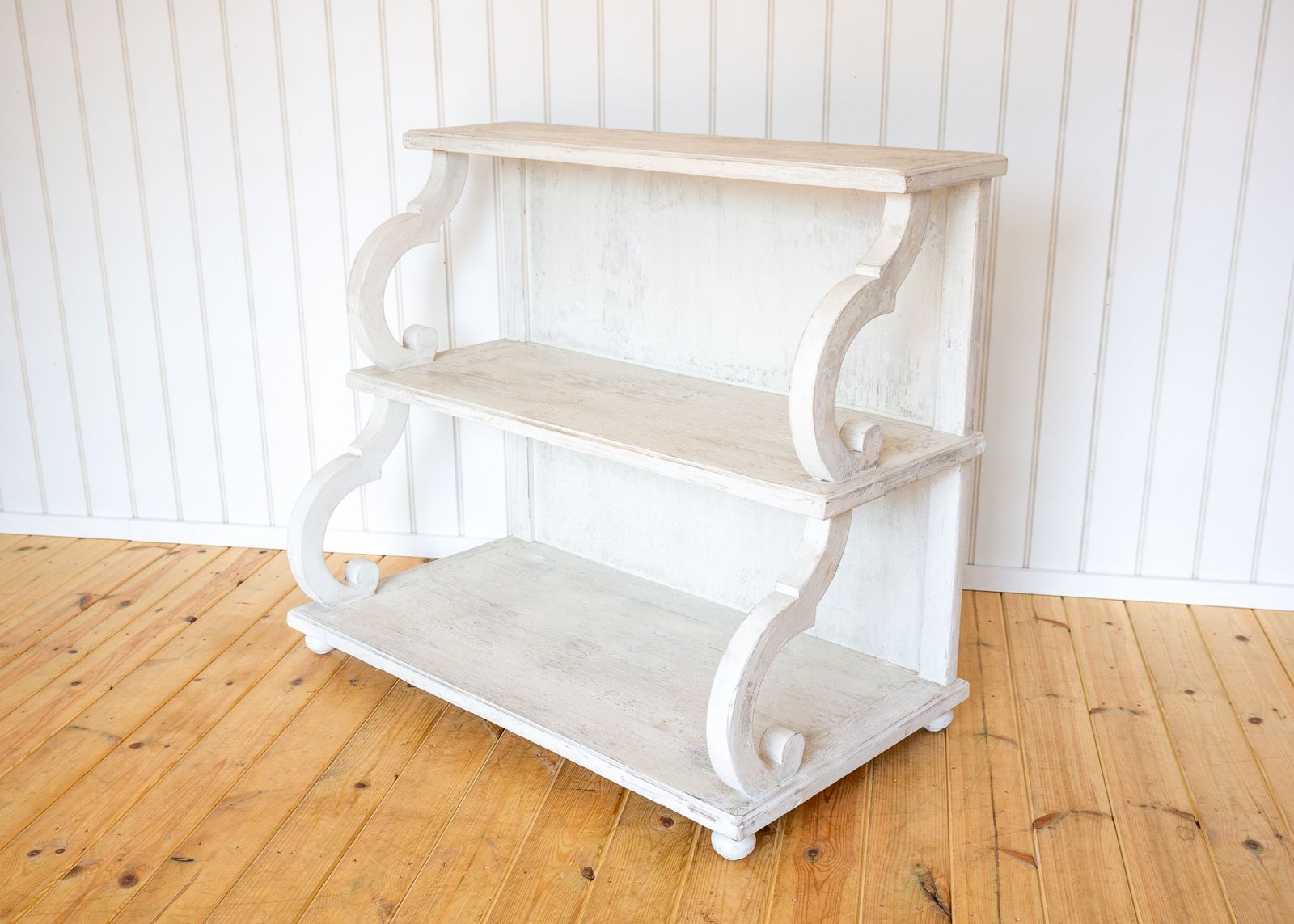 photo for sale French Waterfall Shelving Unit Bookcase Display Media Stand 20c Regency Console White Distressed Painted Floor Standing
