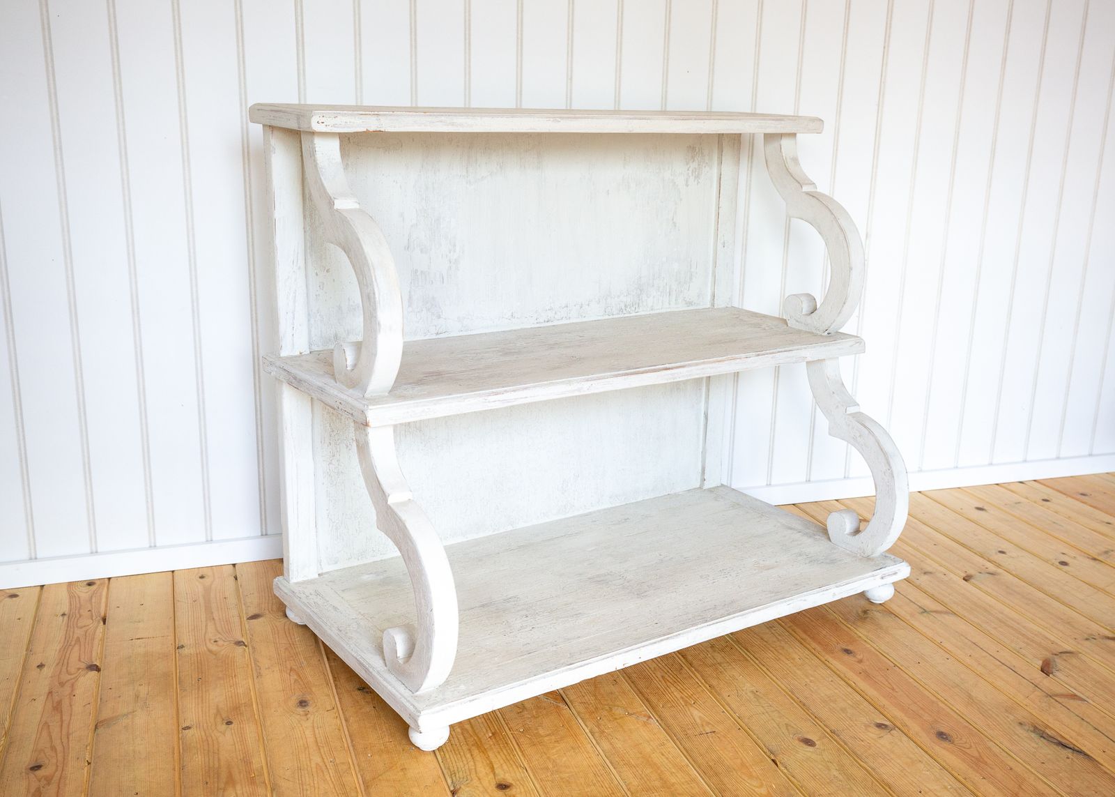 Furniture French Waterfall Shelving Unit Bookcase Display Media Stand 20c Regency Console White Distressed Painted Floor Standing photo