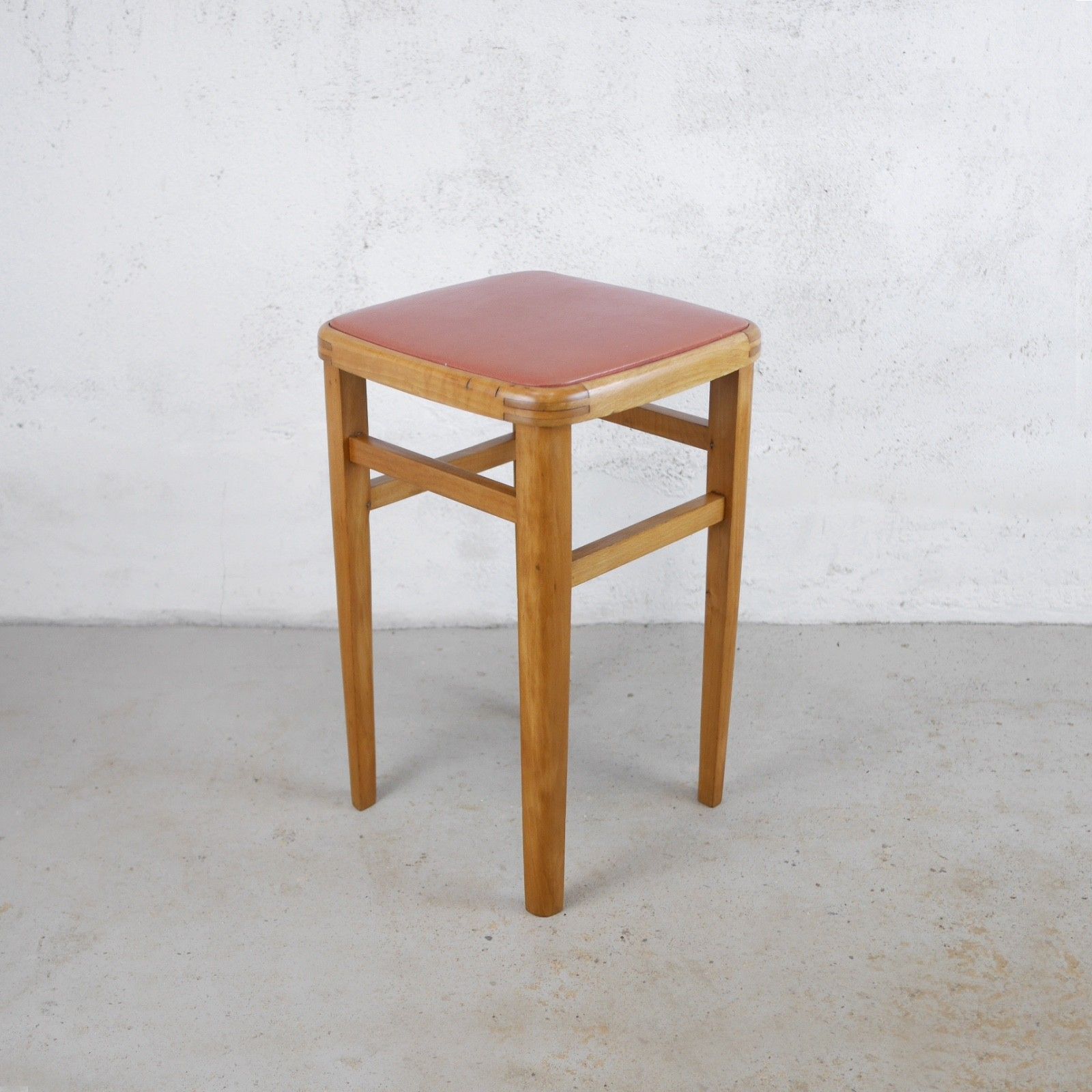 Vintage Mid Century 50s Beech & Leatherette Stool #103213