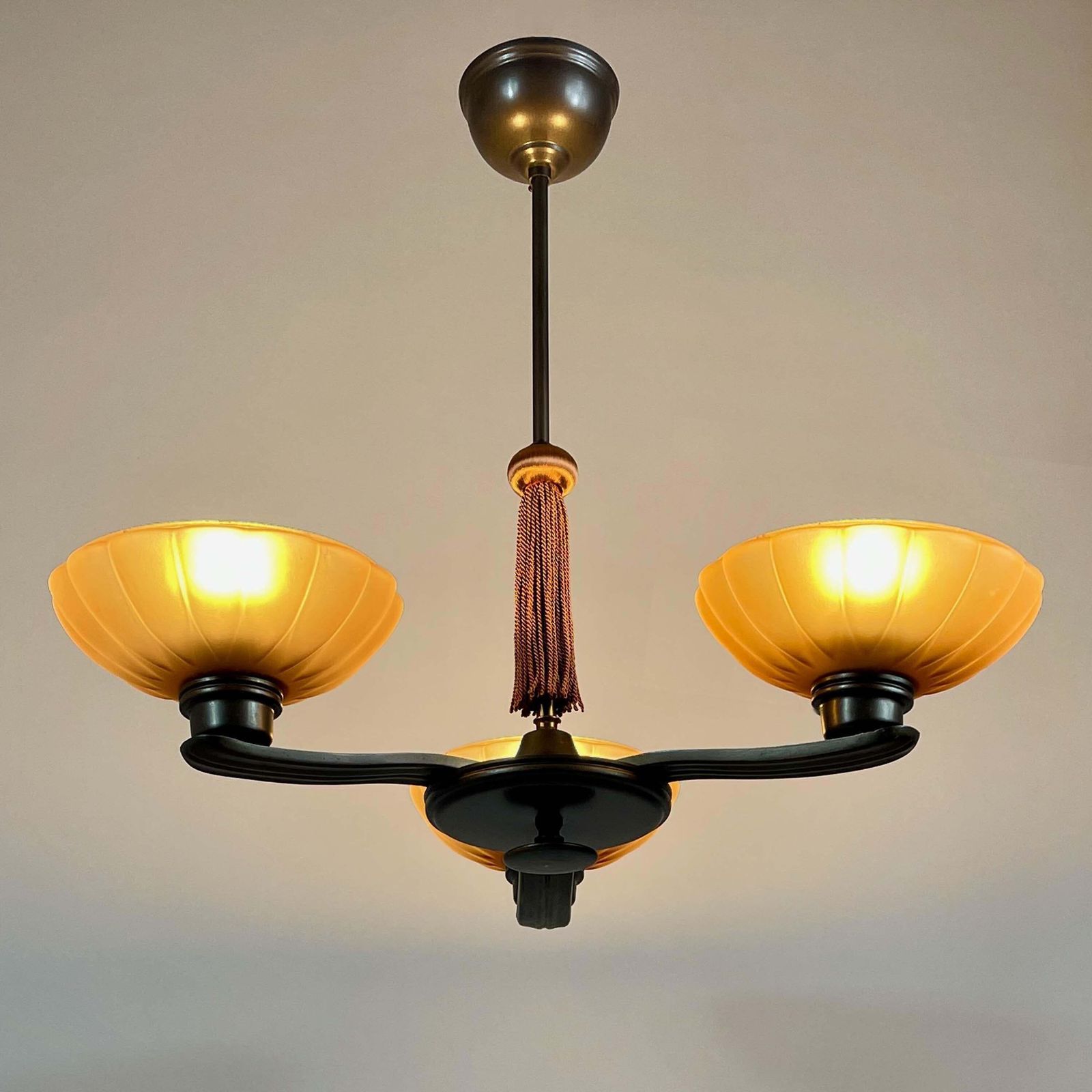 Art Deco Bronze & Havanna Glass Chandelier, Böhlmarks, Sweden 1930s photo 2046.0