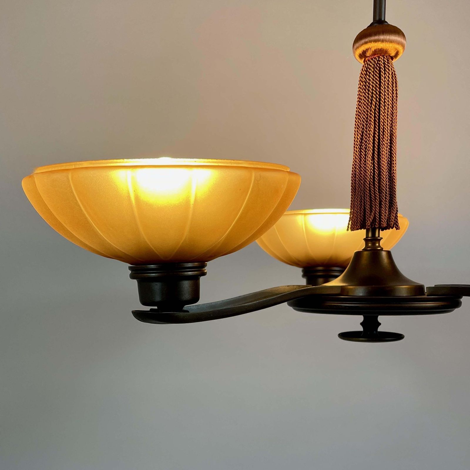 Art Deco Bronze & Havanna Glass Chandelier, Böhlmarks, Sweden 1930s photo vinterior