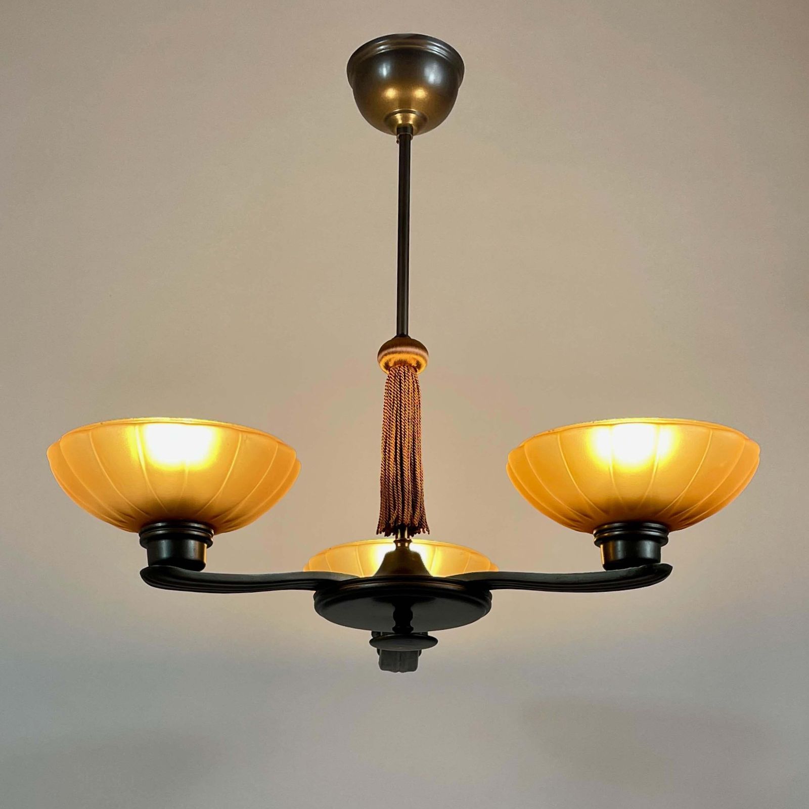 photo buy Art Deco Bronze & Havanna Glass Chandelier, Böhlmarks, Sweden 1930s