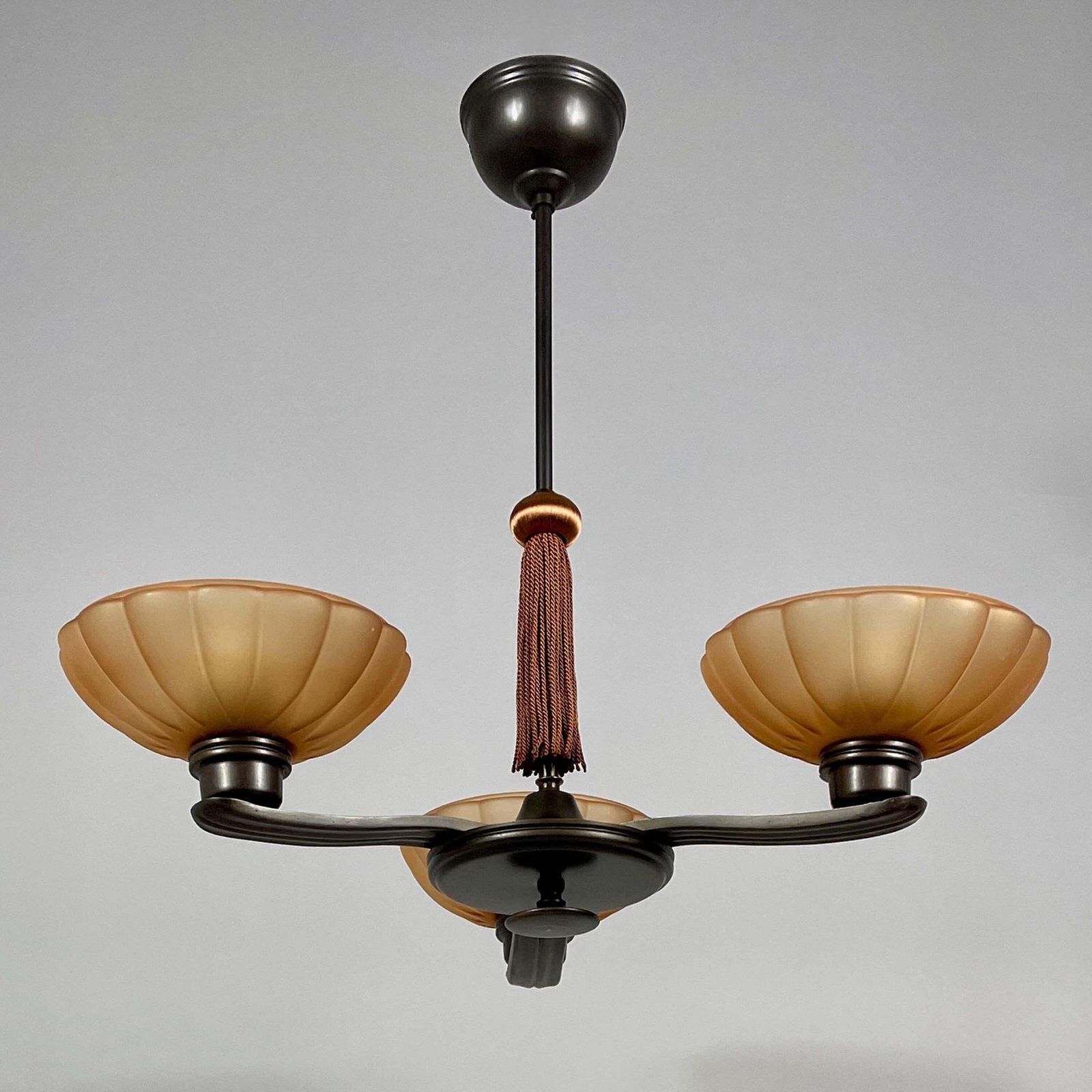 photo vintage Art Deco Bronze & Havanna Glass Chandelier, Böhlmarks, Sweden 1930s