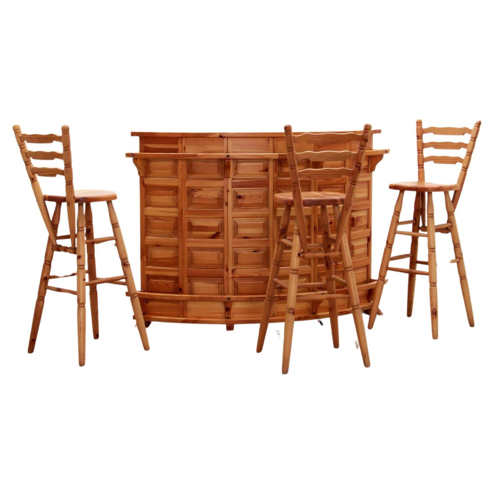 Brutalist Mid Century Wooden Bar Set With 3 Stools, Netherlands, 1970s