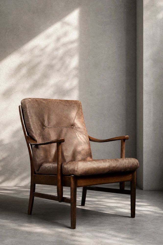 photo furniture Mid Century Danish Modern Beech And Brown Leather Armchair From Farstrup Møbler, 1970s
