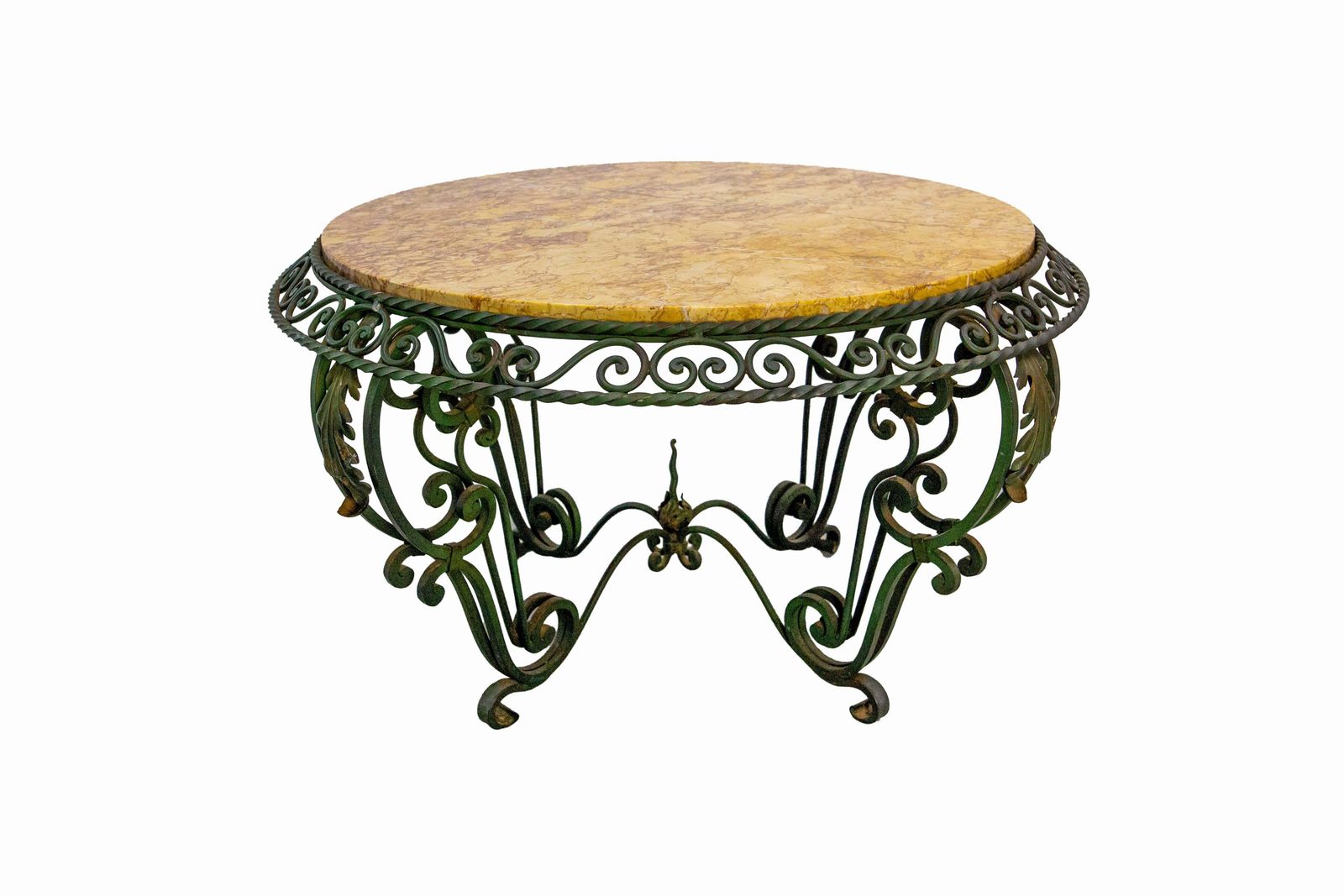 Table basse ronde française, plateau en marbre et fer forgé photo for sale