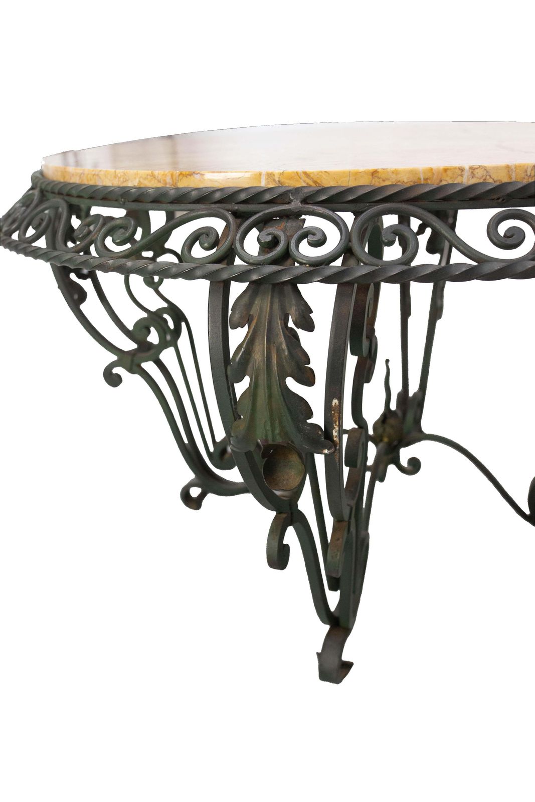 Franse ronde salontafel met marmeren blad en smeedijzeren onderstel photo Meubels