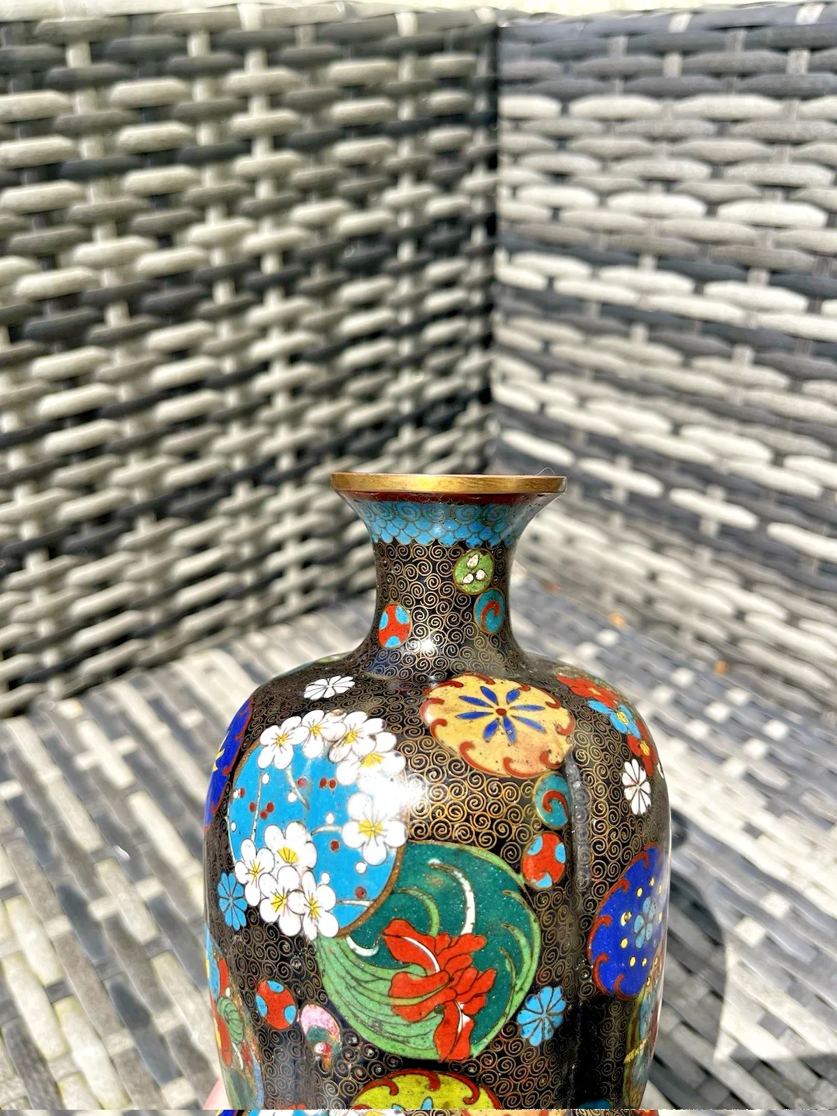Antique Japanese Meiji Period Cloisonne Enamel Floral 8 Lobed Vase T. Komajiro photo vintage