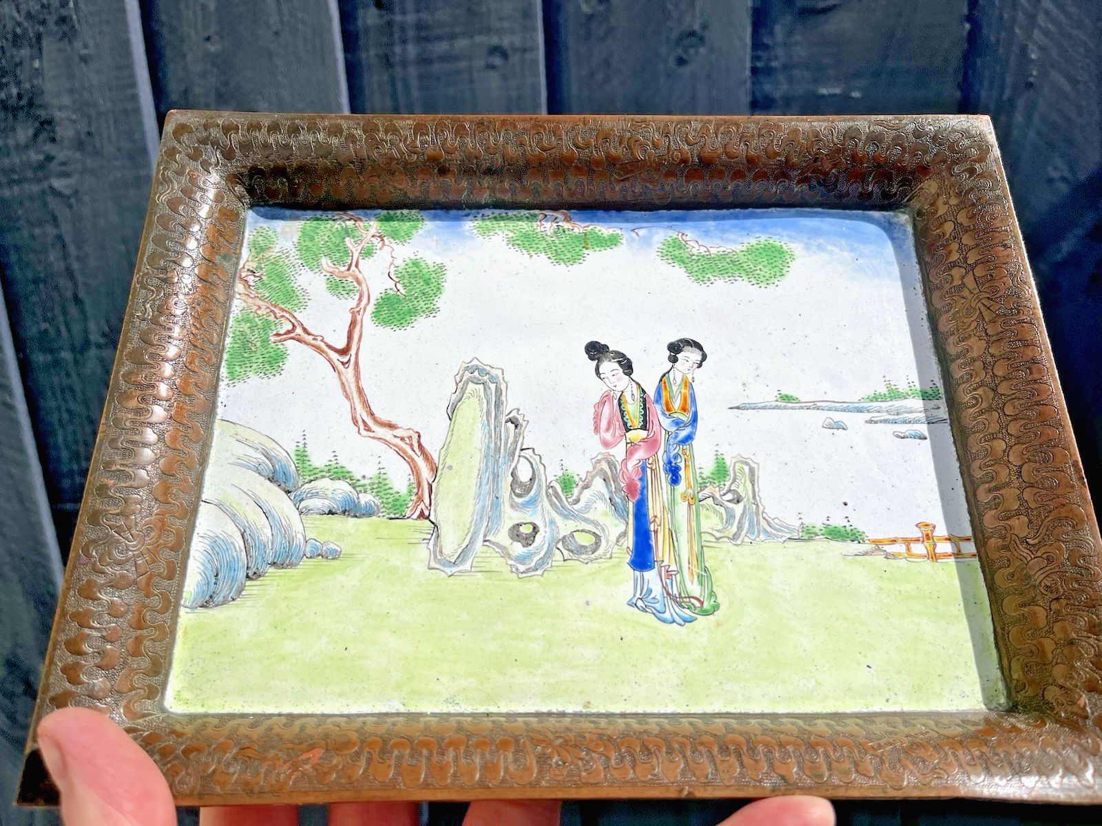 Antique Chinese Enamelled Copper Trinket Tray Hand Painted Figural Garden Scene