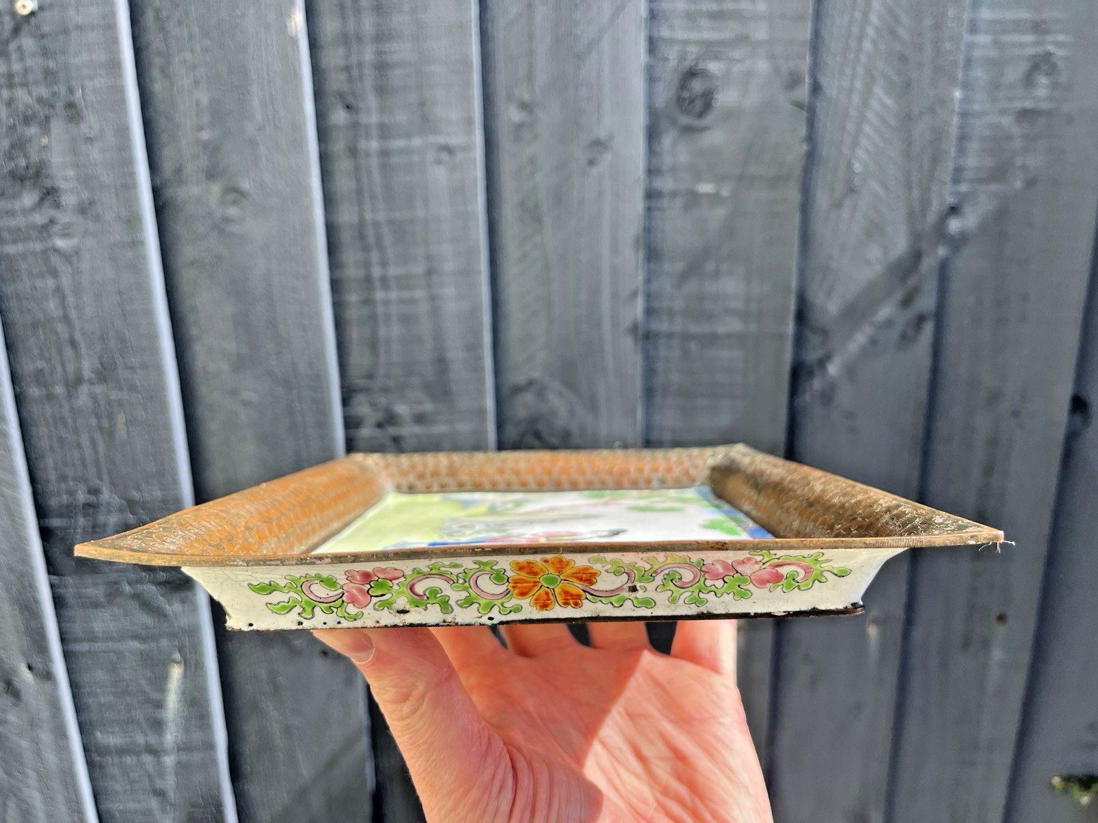 Home Decor Antique Chinese Enamelled Copper Trinket Tray Hand Painted Figural Garden Scene photo
