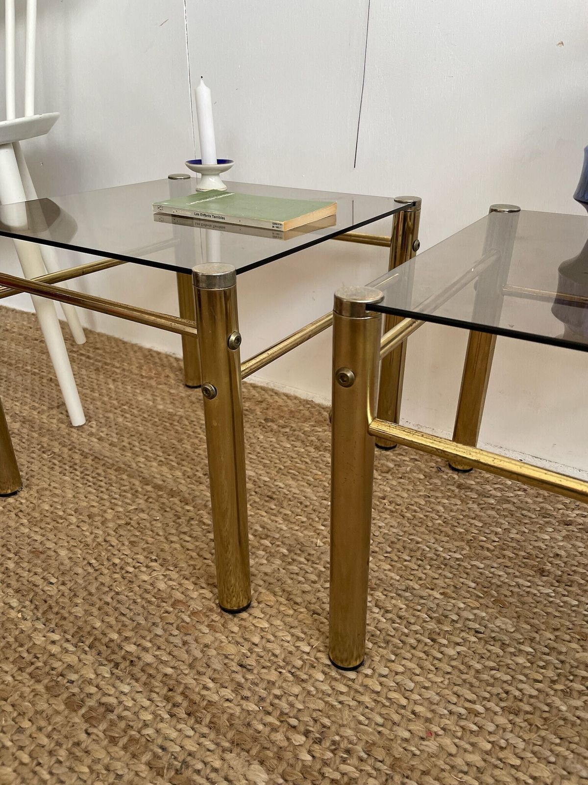 Pair Of Gold Brass Coloured Hollywood Regency Style 1980s Side Or Lamp Tables With Smoked Glass Top photo Furniture