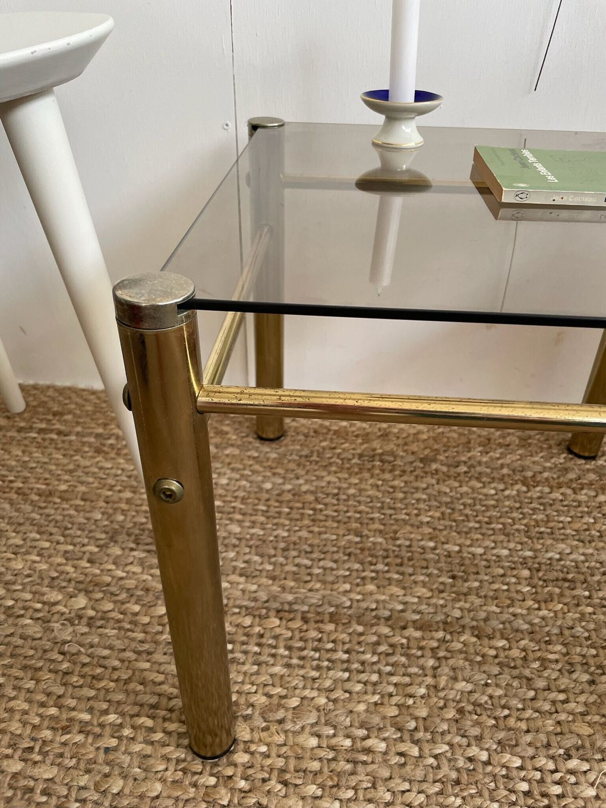 Pair Of Gold Brass Coloured Hollywood Regency Style 1980s Side Or Lamp Tables With Smoked Glass Top photo buy