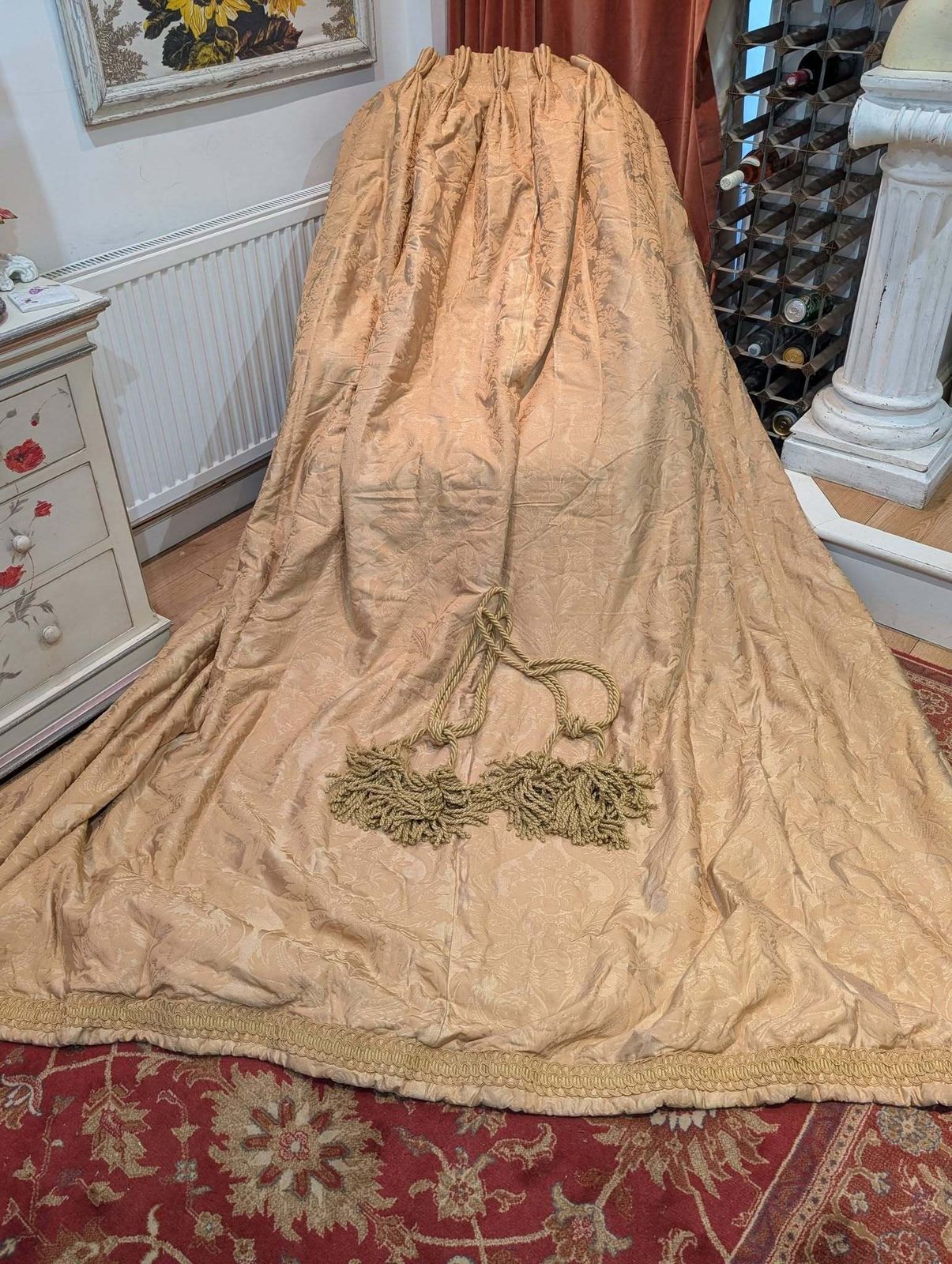 Lovely Vintage Gold Damask Pinch Pleat Second Hand Curtains W224 D254 – Up To 2 Pairs Available
