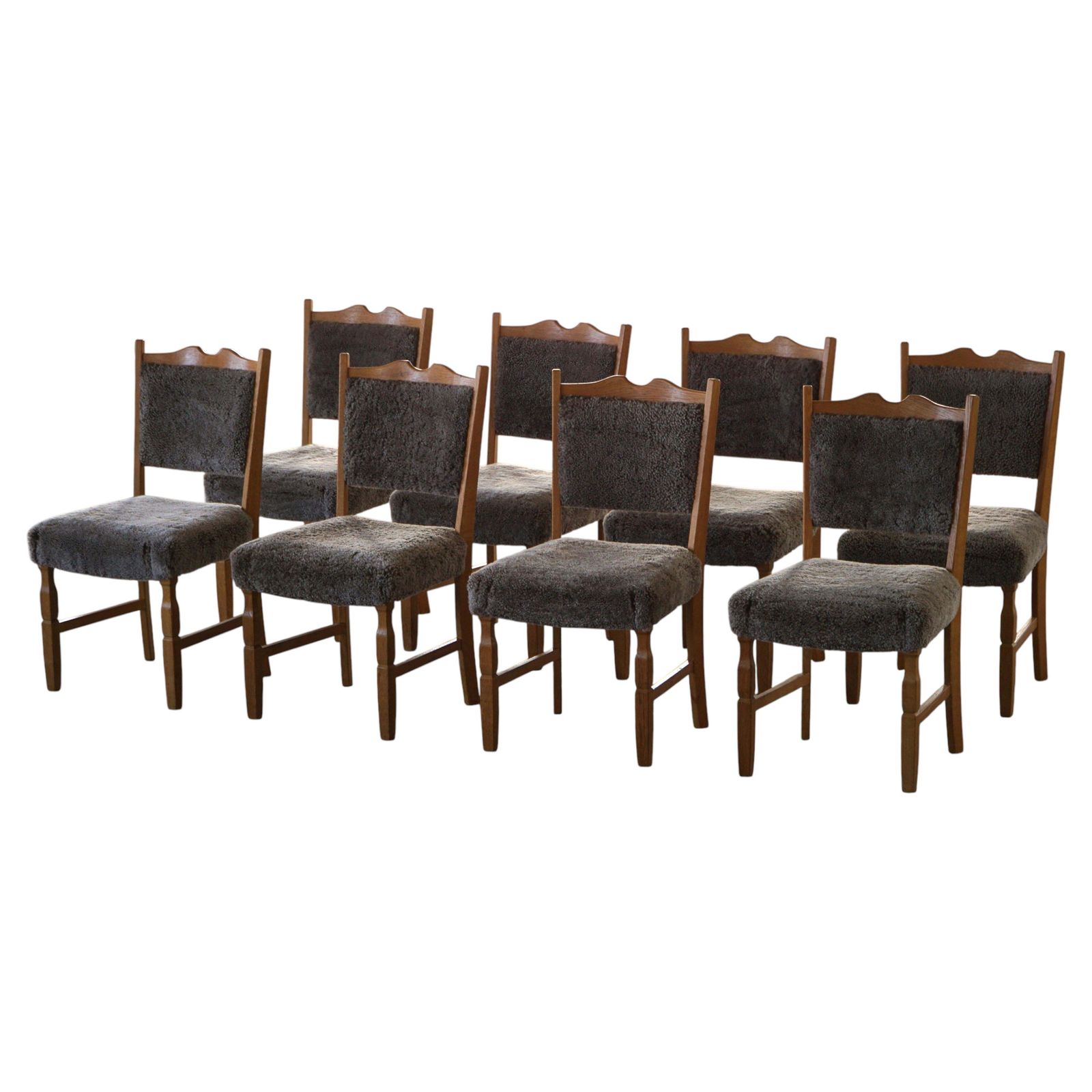 Set Of 8 Danish Modern Dining Chairs In Oak And Lambswool Henning Kjærnulf 1960s
