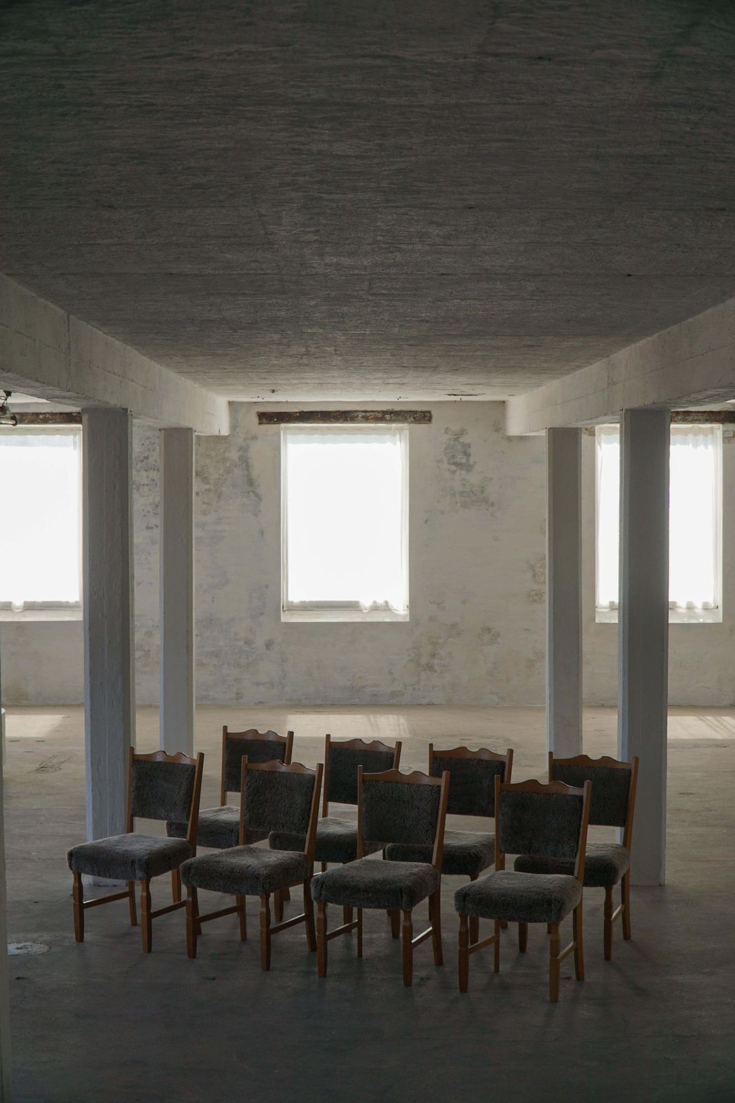 photo for sale Set Of 8 Danish Modern Dining Chairs In Oak And Lambswool Henning Kjærnulf 1960s