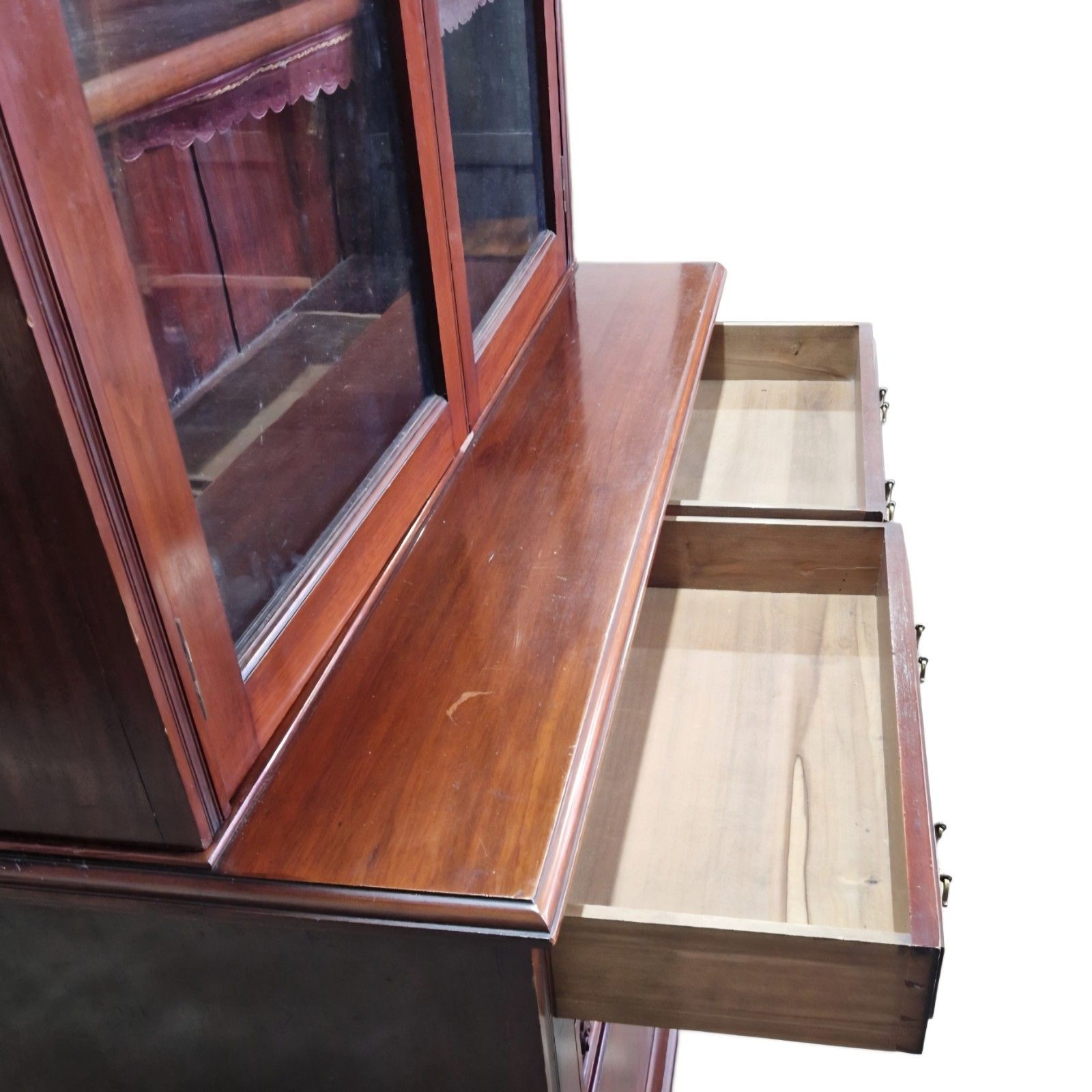 photo vinterior Antique Walnut Bookcase Display Cabinet Glazed Cupboard Carved Edwardian